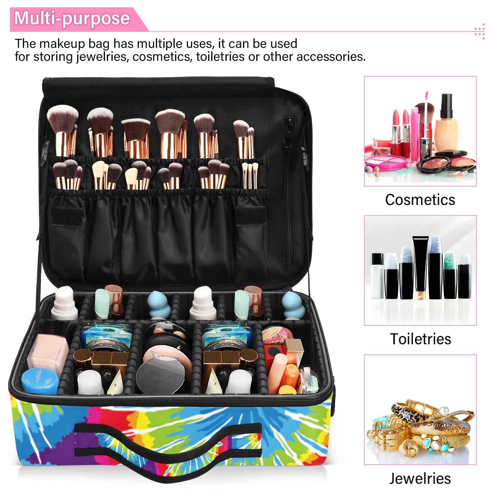 GAIREG Large Watercolor Ethnic Lotus Travel Makeup Bag - Rainbow Tie Dye Cosmetic Train Case Organizer for Women | Perfect for Travel, Gym & Daily Makeup Storage