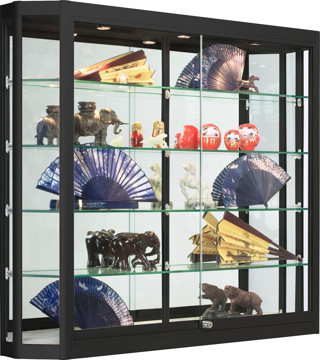 Premium LED Wall Mount Retail Display Case with Tempered Glass Shelves & 3 Top Lights - Black (WC478LEDB) - Perfect for Jewelry, Collectibles & Luxury Product Showcases in Stores