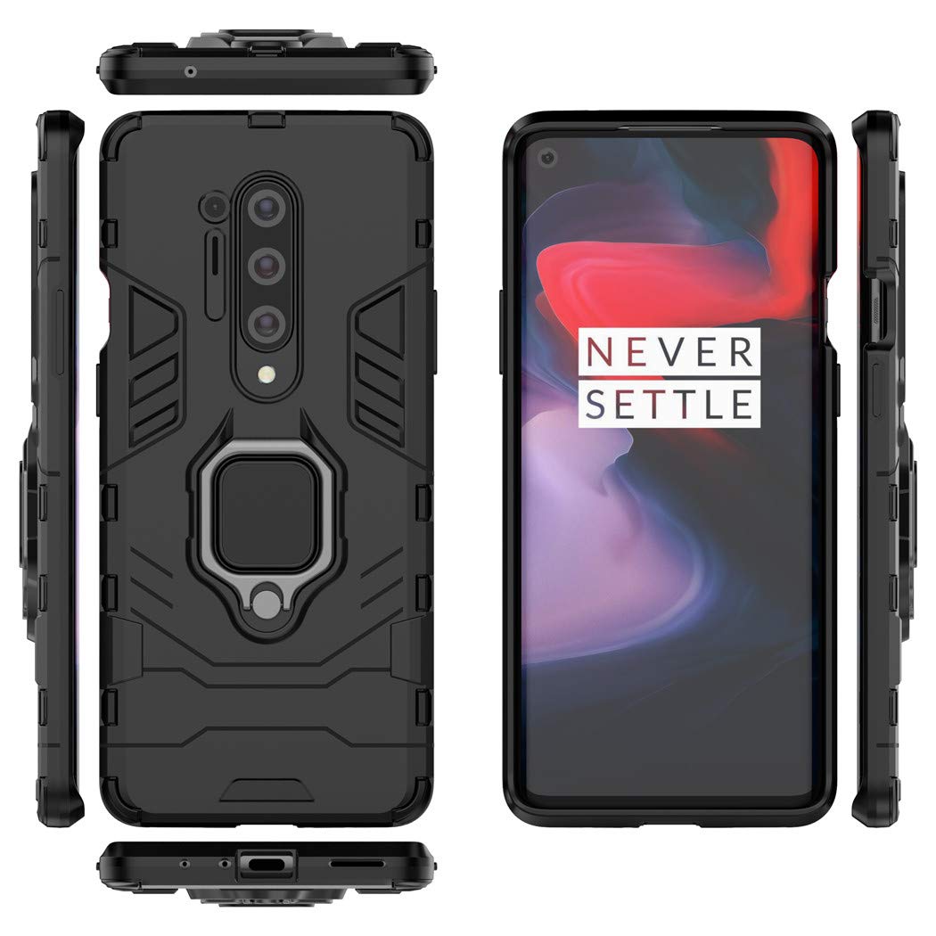 OnePlus 8 Pro (5G) Case with Metal Ring Grip & Kickstand - Magnetic Car Mount Compatible, Dual Layer Rugged Protective Cover (Black) - Perfect for Daily Use, Travel & Hands-Free Driving