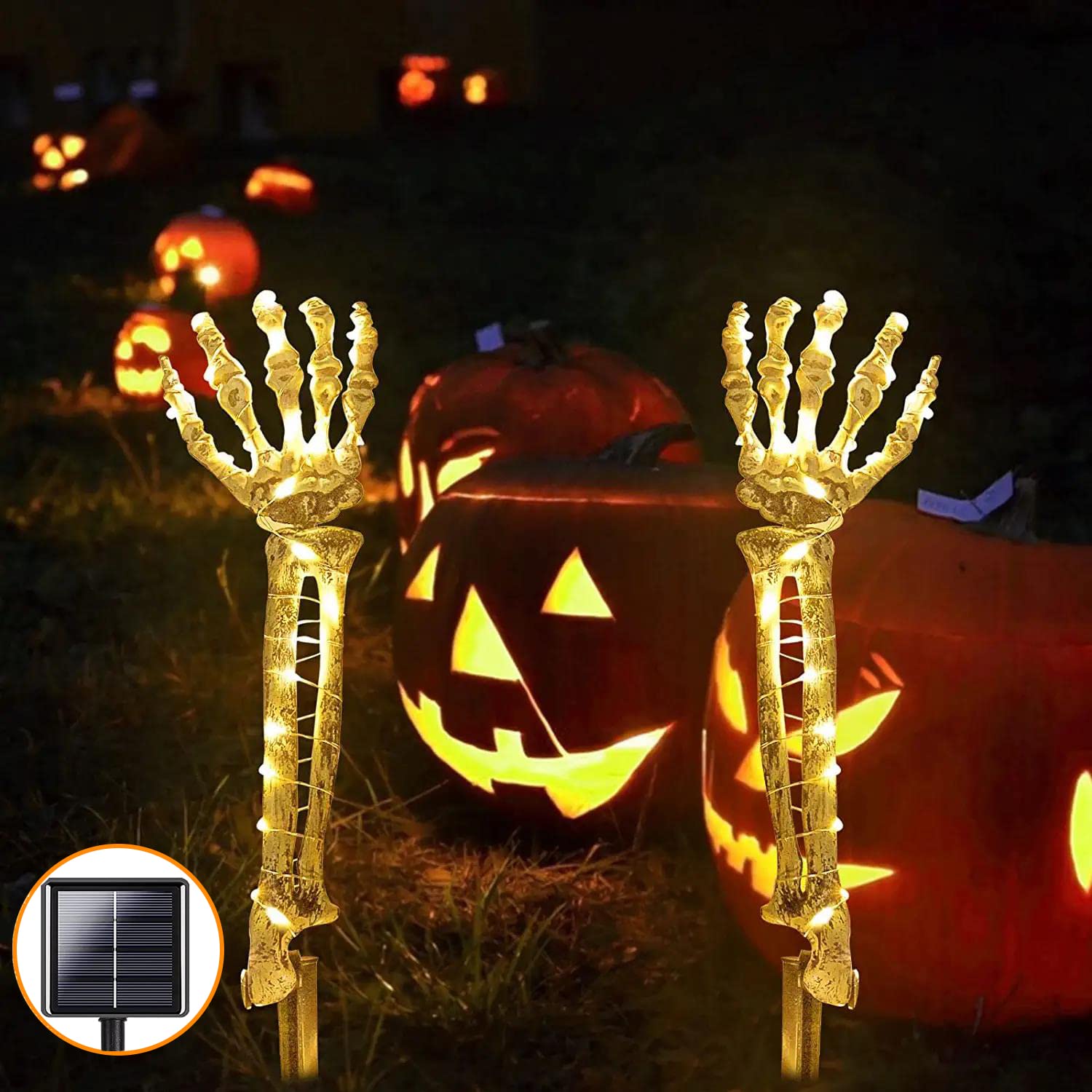 BHCLIGHT 2 Pack Halloween Skeleton Arm Stakes with 60 LED Warm White Lights - Solar Powered Outdoor Halloween Decorations for Lawn, Garden, and Party - Spooky Yard Decor for Trick or Treating & Haunted House Themes