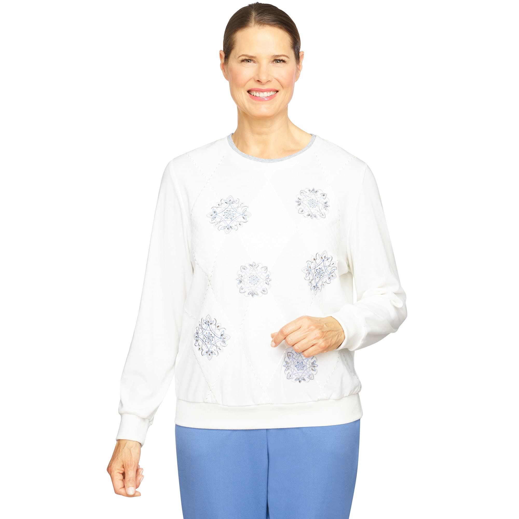 Alfred Dunner Women's Petite Diamond Medallion Embroidered Quilted Lightweight Pullover Sweater - Ivory Size PS - Perfect for Casual Outings & Layering in Fall/Winter