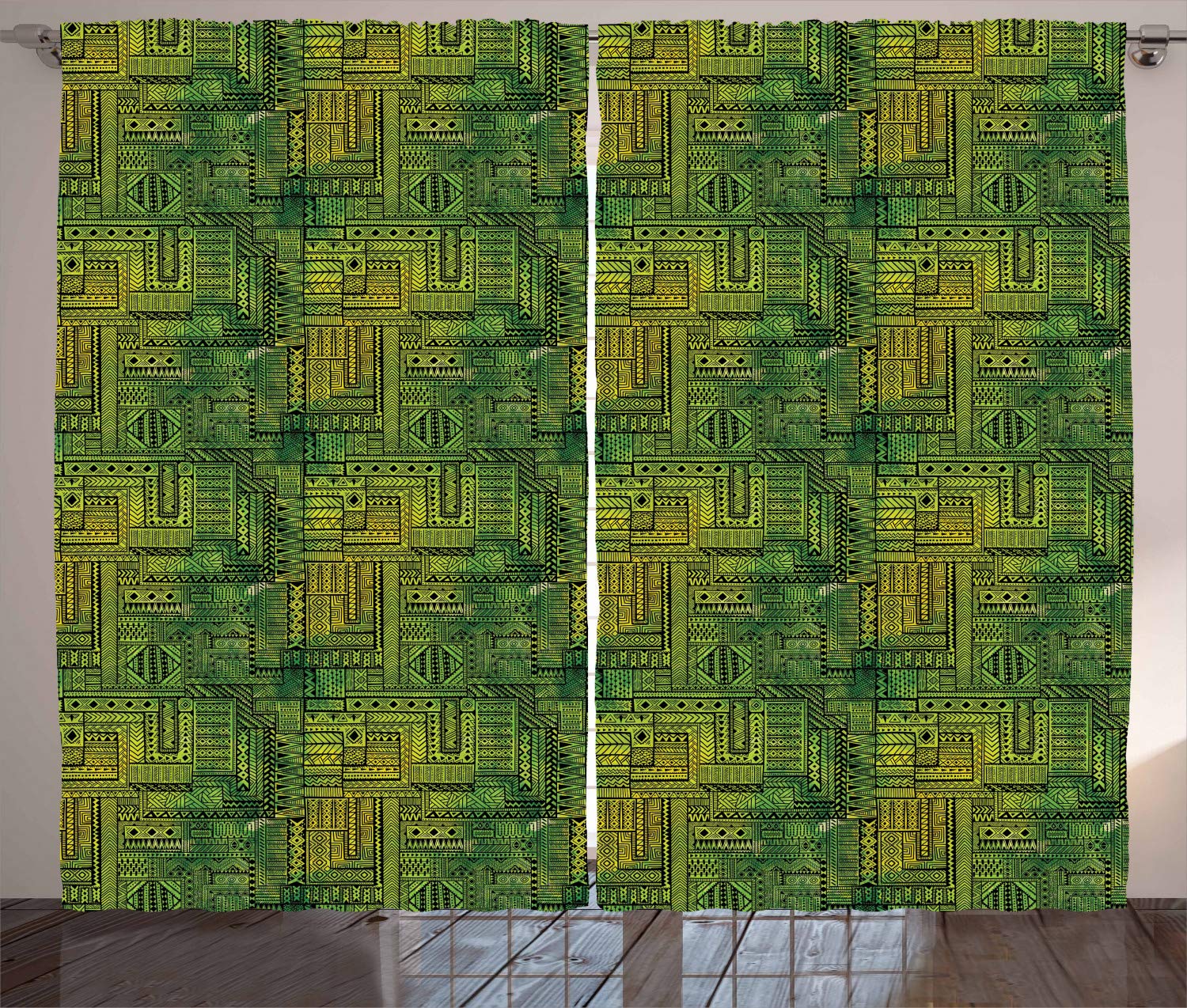 Ambesonne Green Tribal Geometric Curtains - Watercolor Digital Print Black Yellow Green Window Drapes 2 Panel Set 108x108 Inches - Modern Living Room Bedroom Decor for Home & Office