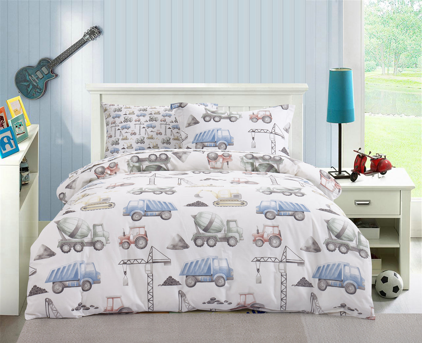 Organic Cotton Printed Construction Theme Duvet Cover Set - Heavy Duty Bedding for Kids & Teens - Perfect for Construction Themed Bedrooms & Playrooms