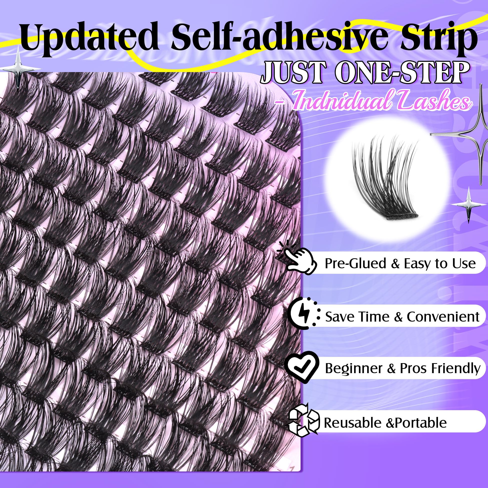 Wiwoseo Self-Adhesive Eyelash Clusters - No Glue Needed, Pre-Glued Individual Lashes with Clear Band, Russian Volume D-Curl, Waterproof Eyelash Extensions for Natural Look | Perfect for Daily Wear, Parties & Special Occasions