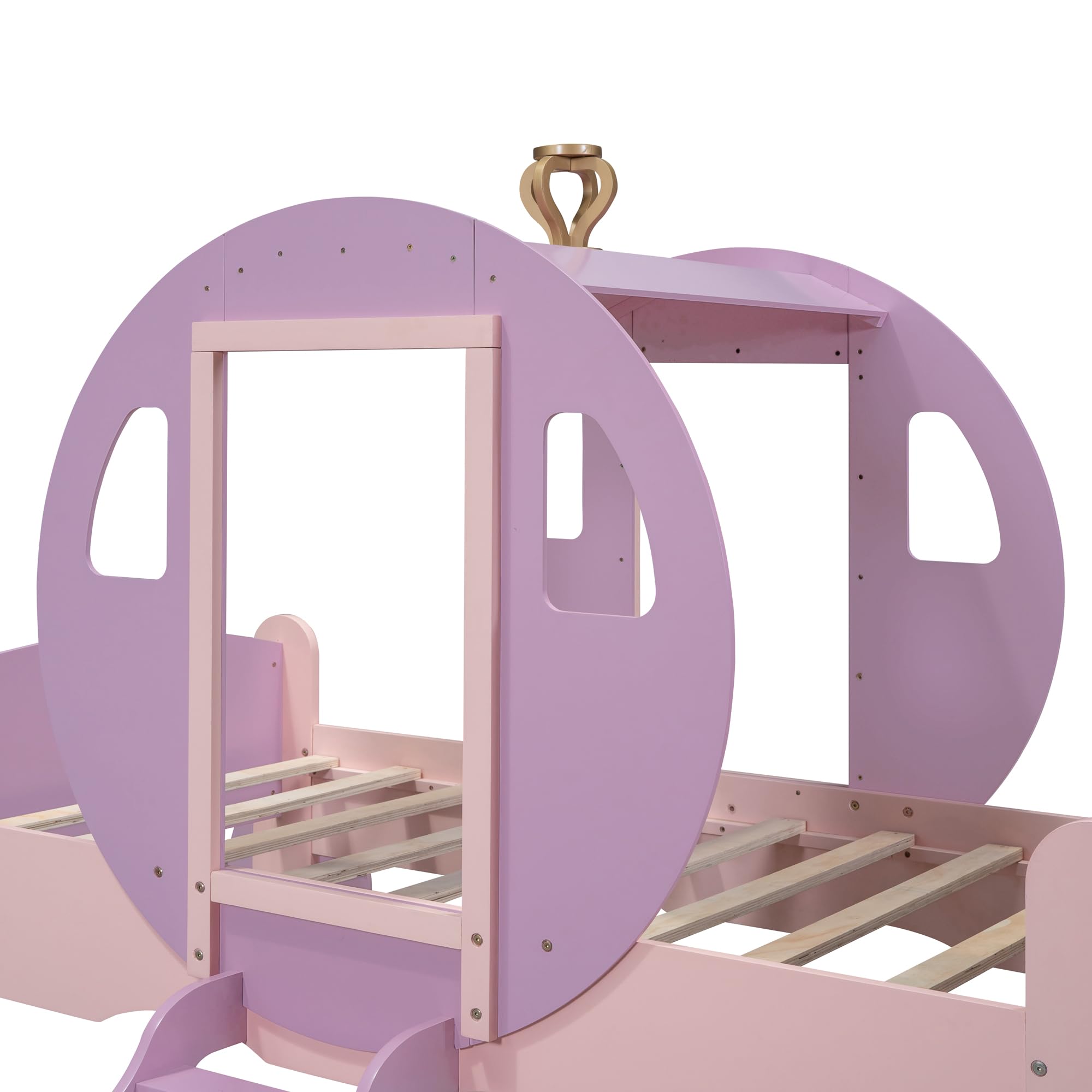 LZ LEISURE ZONE Twin Size Princess Carriage Bed with Crown - Wooden Twin Platform Bed Frame with Stairs in Purple & Pink - Perfect for Girls' Bedroom, Fairytale Theme Decor, and Kids' Fantasy Sleep Space