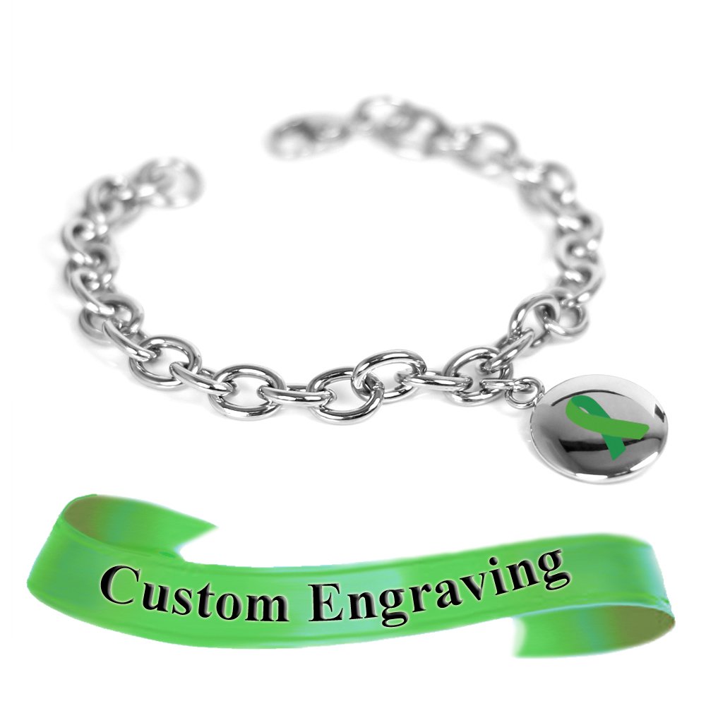 Custom Engraved Green Awareness Charm Bracelet - Stainless Steel O-Link Chain for Women, Personalized Inspirational Jewelry Gift for Cancer Survivors, Nurses & Healthcare Workers - Perfect for Fundraisers, Support Groups and Special Occasions