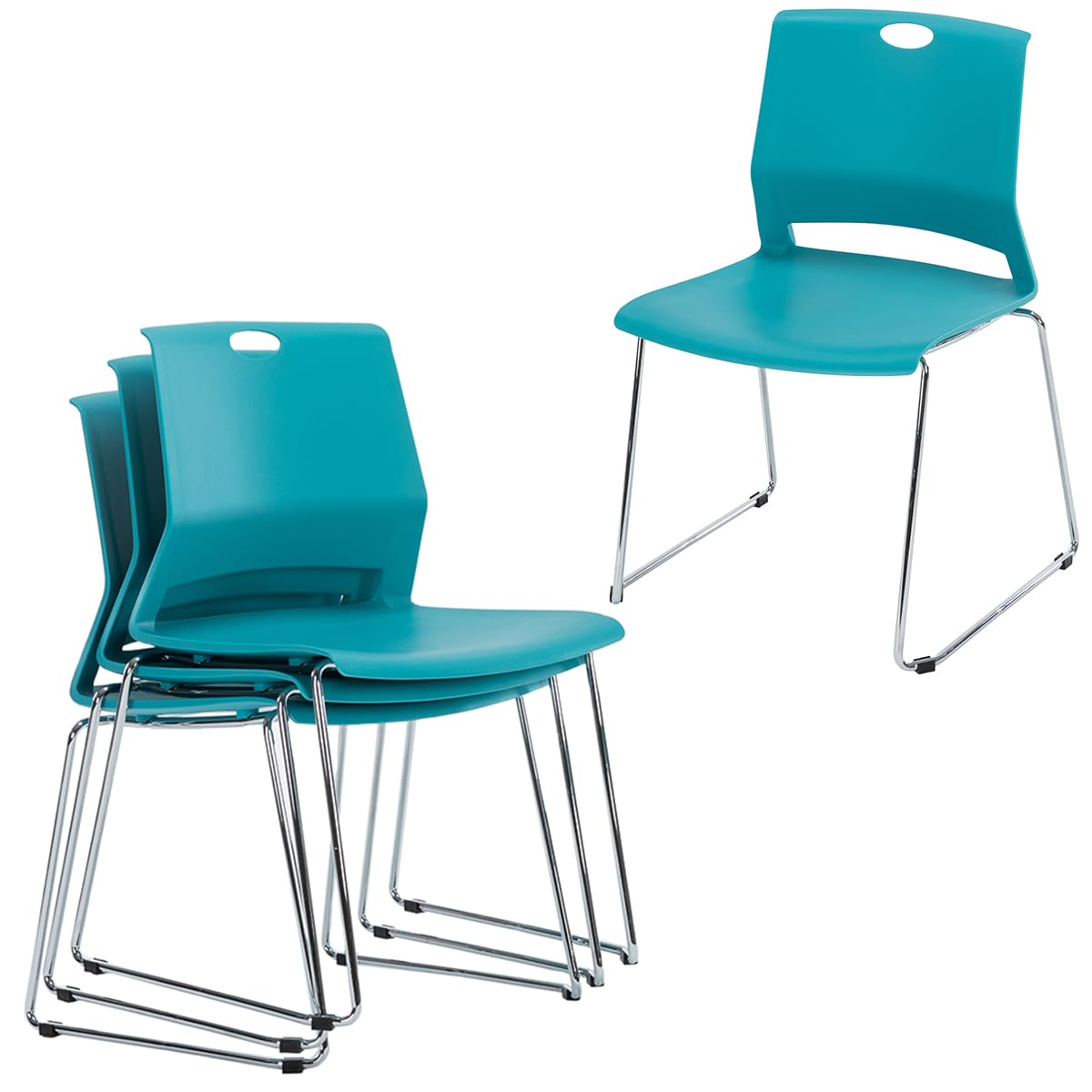 FULONG 4-Pack Blue Stackable Plastic Chairs - Armless Reception Chairs with Wide Seat for Classroom, Library, Dining Room - Perfect for Events, Parties & Home Use