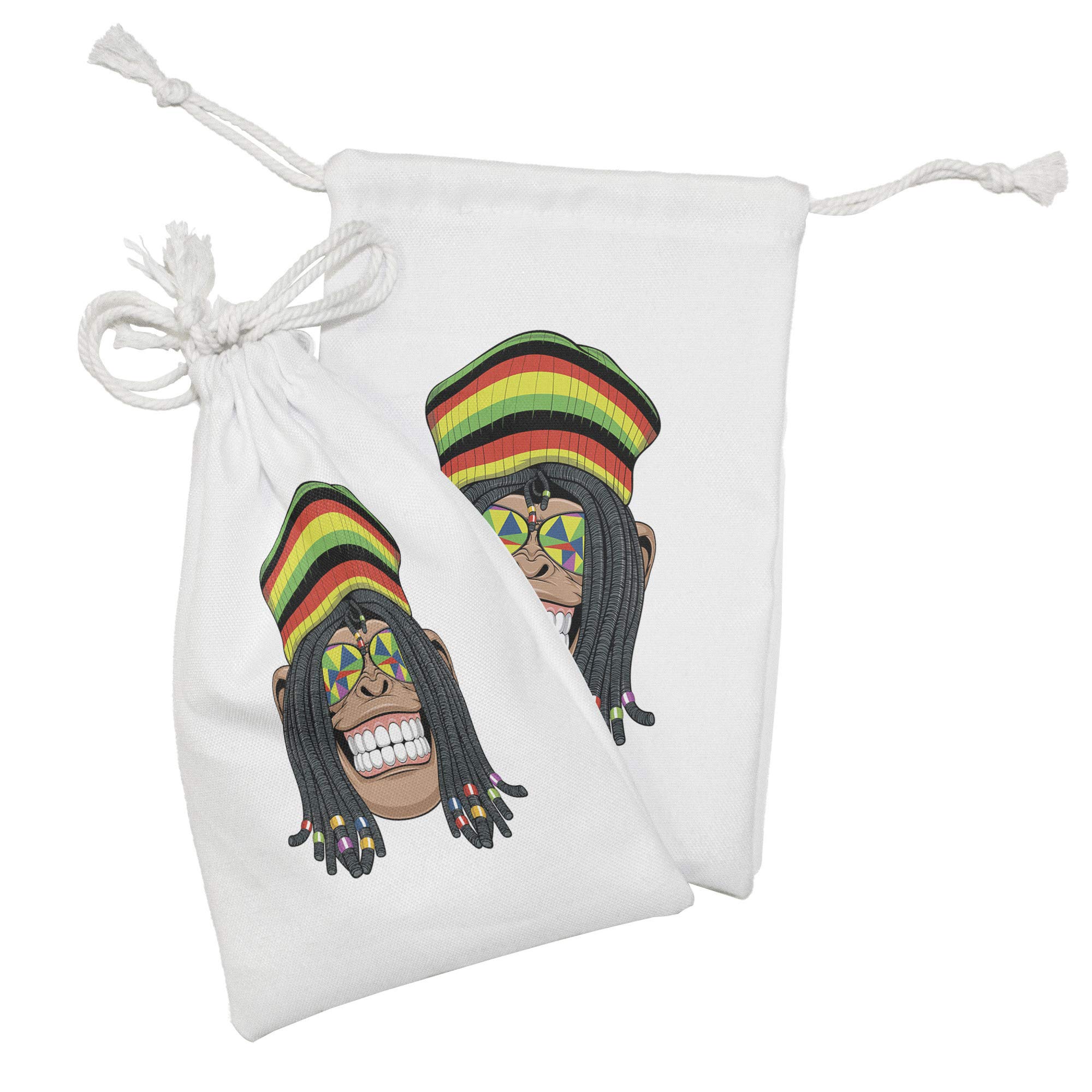 Ambesonne 2-Pack Tropical Animals Fabric Pouches - Chimpanzee with Dreadlocks & Hippie Cap Boho Style Drawstring Bags (9