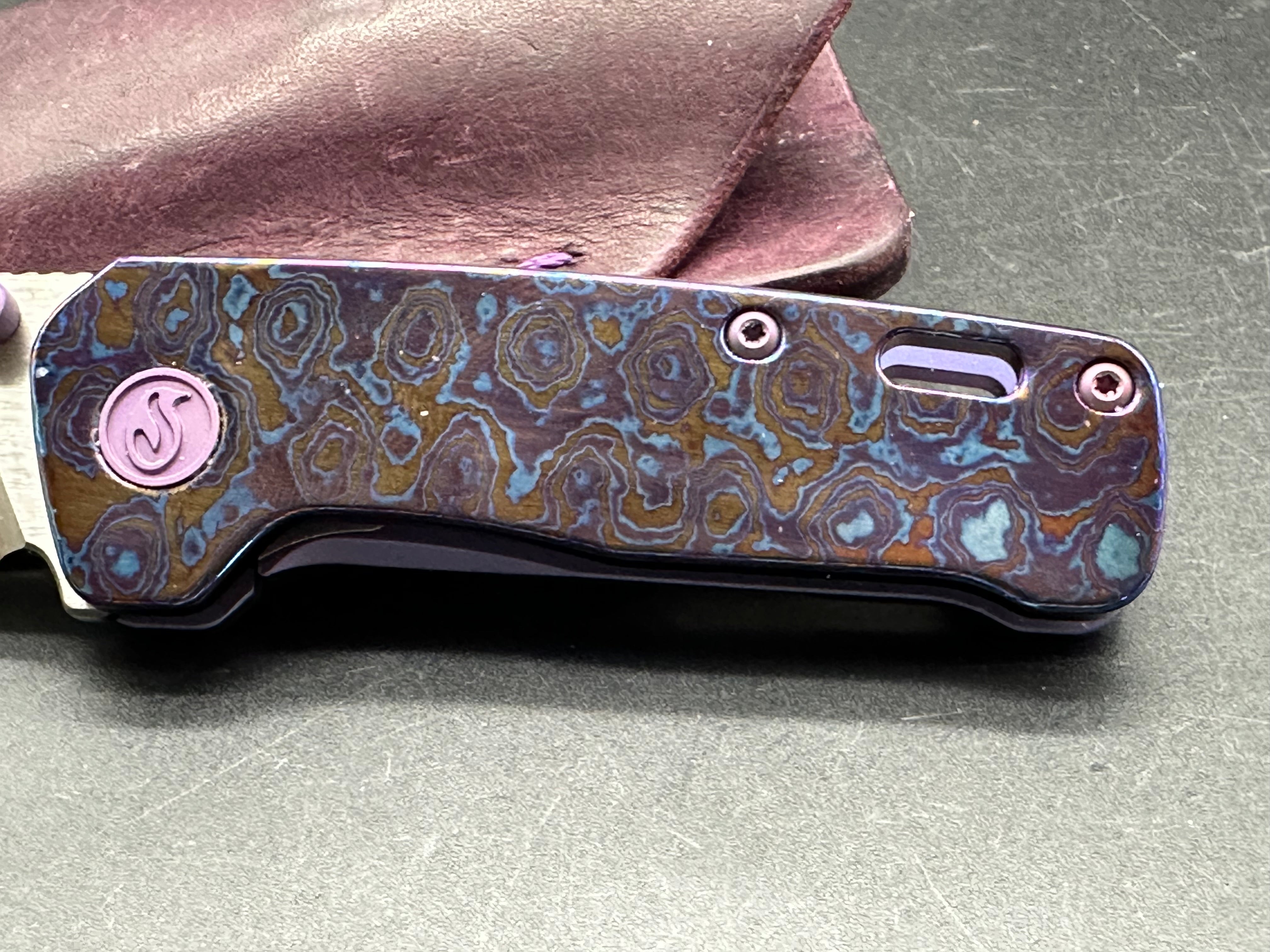 Kaviso QSP Penguin Mini Pocket Knife - Purple Titanium & Timascus Blade with Custom Purple Oak City Leather Slip | EDC, Outdoor, Camping & Everyday Carry Accessories