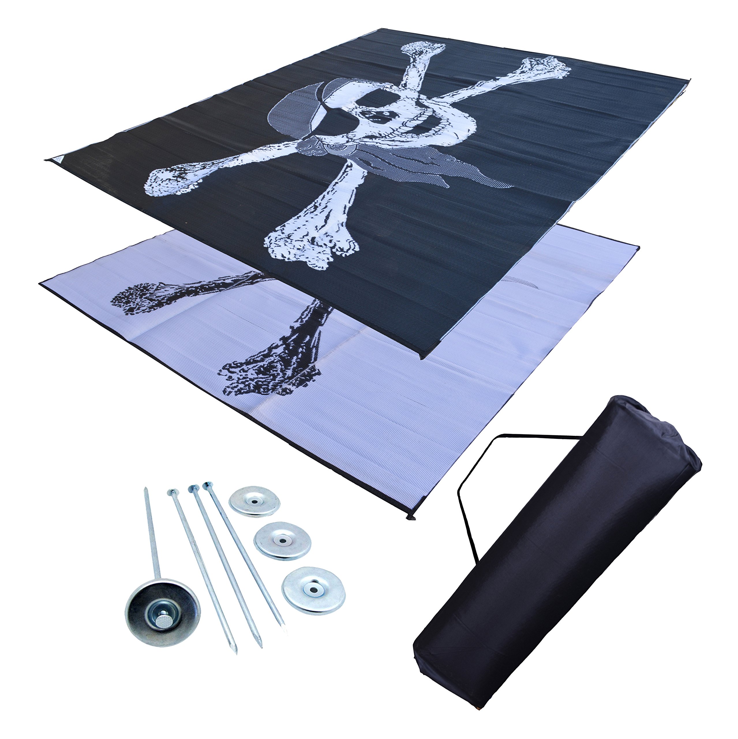 Premium RV Patio Mat & Awning Mat - 9x18 FT Outdoor Leisure Mat with Pirate Flag Kit for Camping, Tailgating & Beach Parties