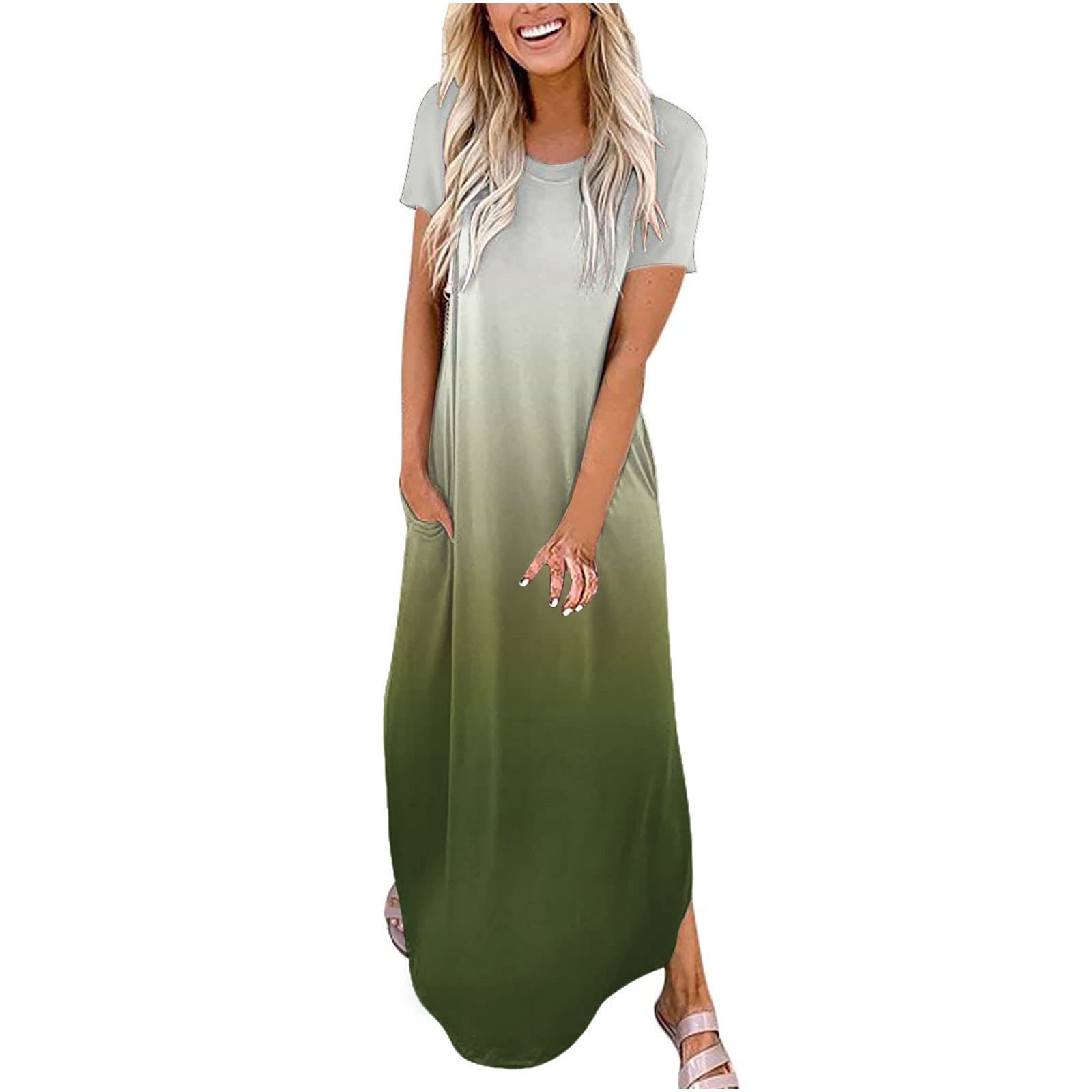 **Women's Summer Casual Dress - Gradient Color Print, Short Sleeve, O-Neck, Irregular Split Hem - Lightweight Flowy Beach Dress for Vacation & Travel**    **Perfect for:** Date Nights, Shopping, Picnics, Summer Outfits, Beach Vacations, Pool Parties, Daily Wear, Office, Social Events, Brunch Dates, Festivals, Outdoor Concerts, Beach Cover-Up, Resort Wear, Summer Weddings, Weekend Getaways, Casual Outings, Outdoor Activities, Beach Days, Summer Parties, Casual Fashion