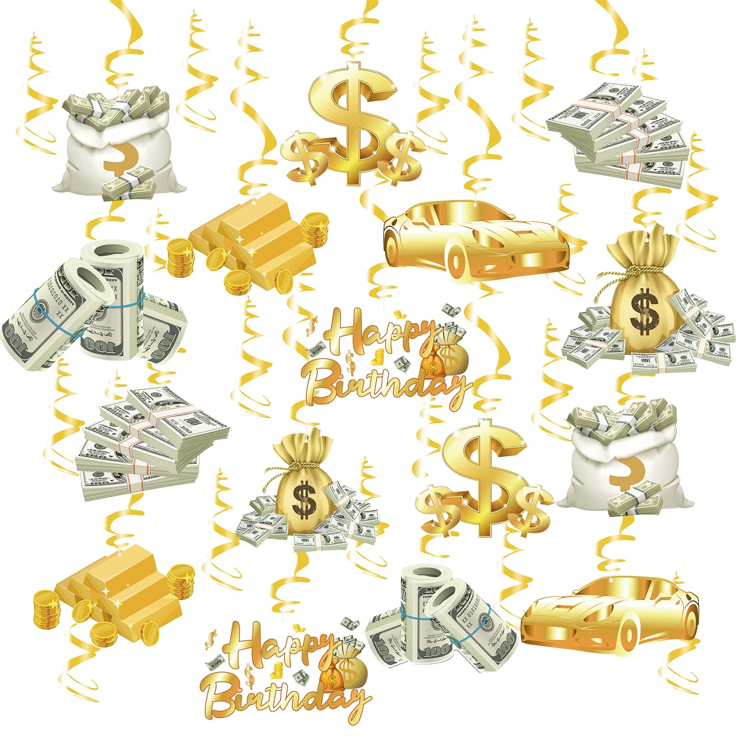 30Pcs Fully-Assembled Money Birthday Party Decorations - Gold Dollar Bill Ceiling Swirls for Casino Theme, Adult Birthday & Special Events - Perfect for Casino Nights, Dollar Themed Parties & Festive Celebrations