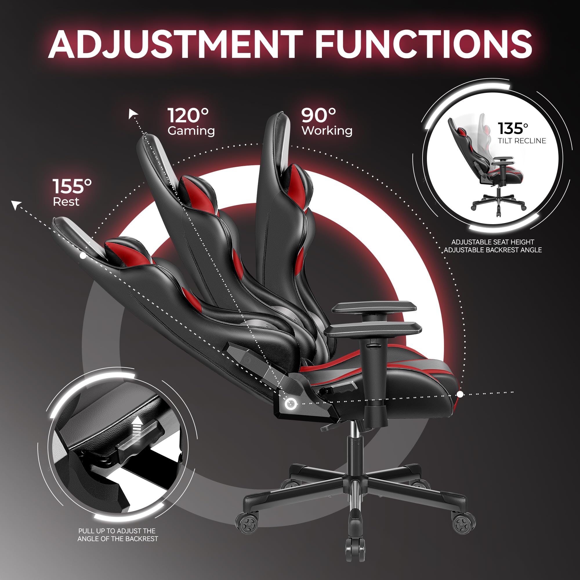 OneGame Ergonomic Gaming Chair - High Back PU Leather Office Chair with 155° Adjustable Recline, Lumbar Support & Swivel Base (Black/Red) - Perfect for PC Gaming, Home Office & Workstations