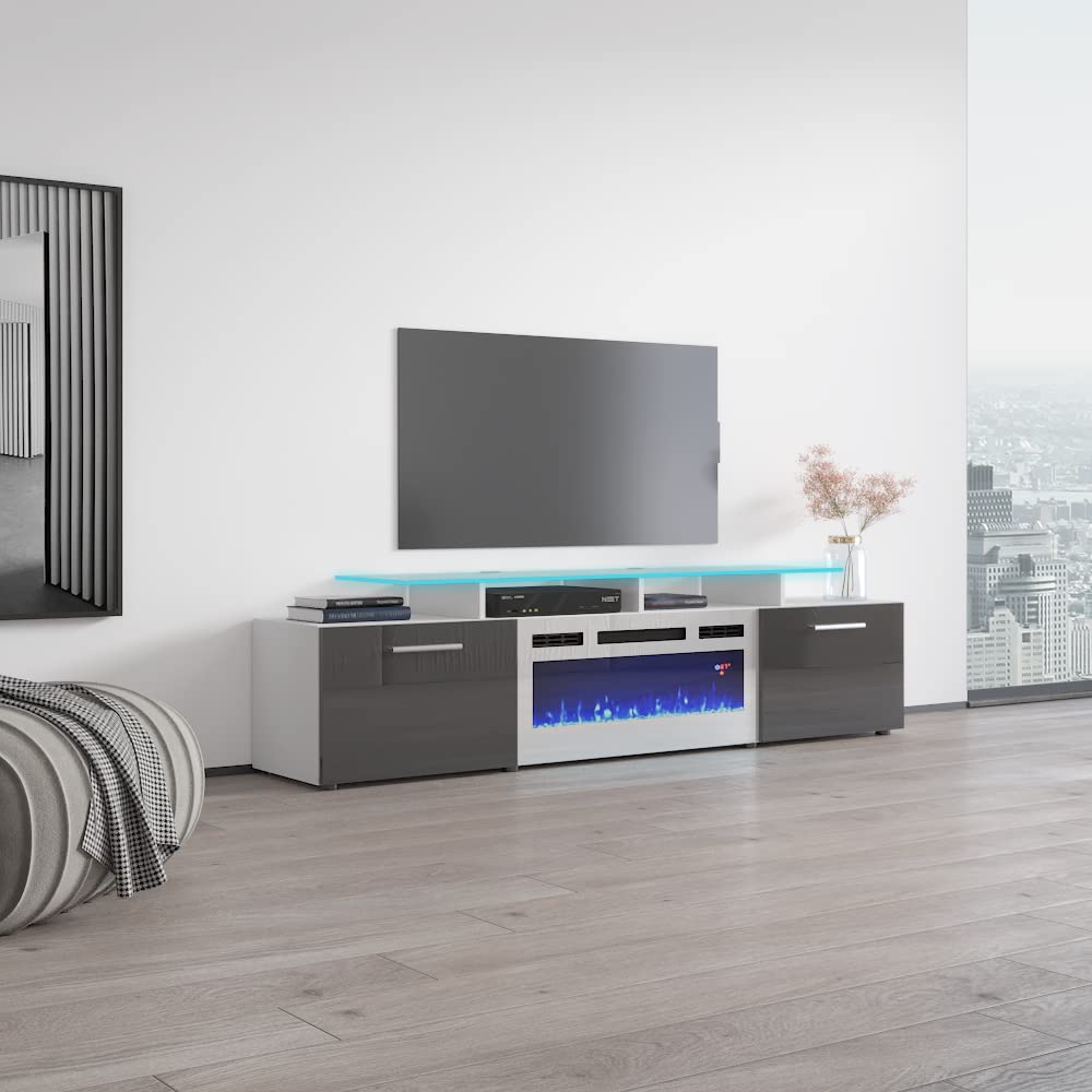 Modern High Gloss Rova WH-EF Fireplace TV Stand with Storage Cabinets & 16-Color LED Lights - White/Gray Entertainment Center for Living Room, Bedroom, Home Theater Setup
