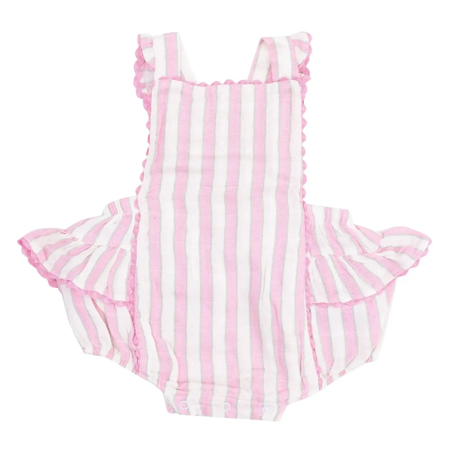Angel Dear Organic Ric Rac Ruffle Sunsuit - Candy Stripe Baby Girls' Outfit for Summer, Beach & Photoshoots | Soft Cotton Sun Dress for Newborns & Toddlers