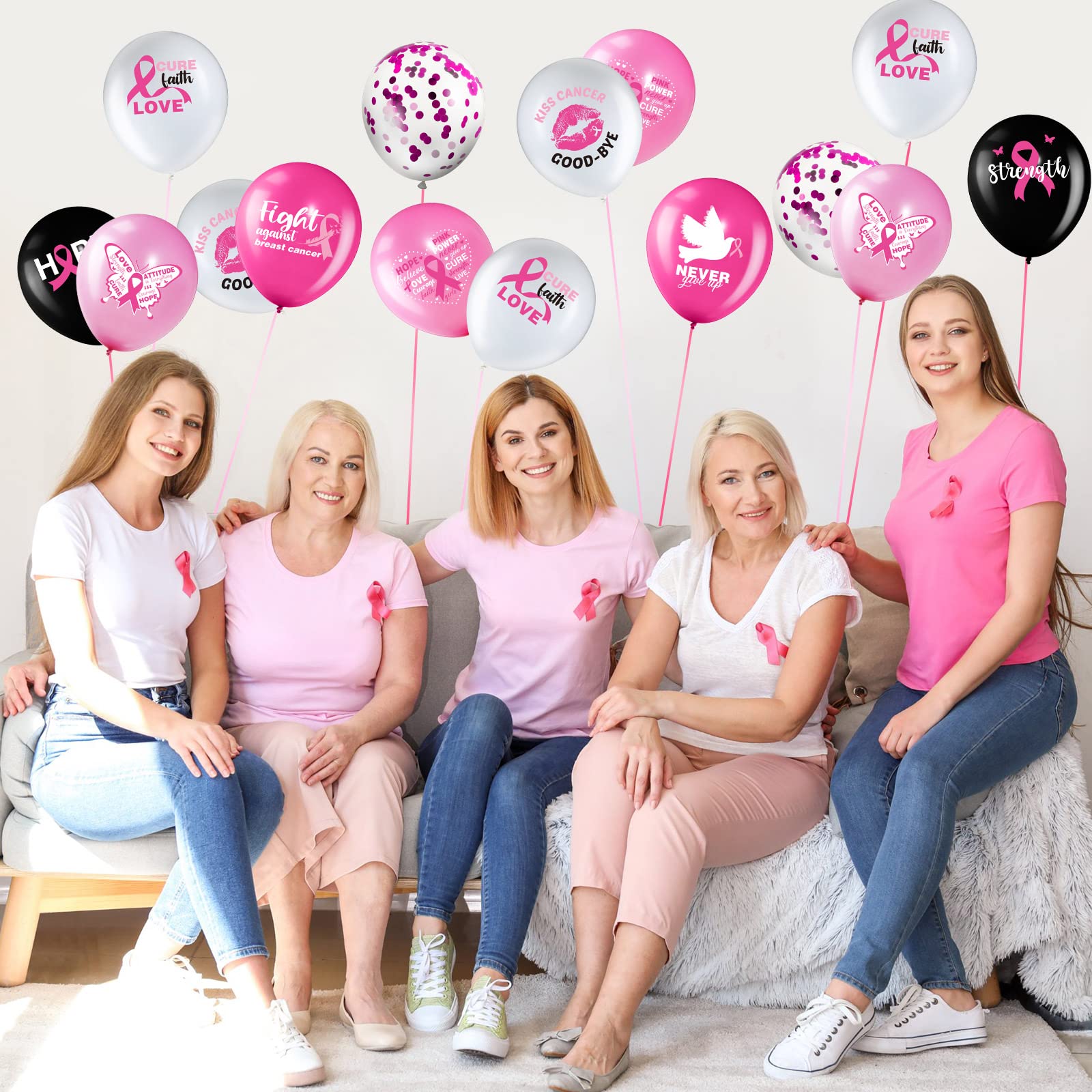 60 Pack Pink Ribbon Breast Cancer Awareness Balloons - 12 Inch Latex Balloons with Glitter Confetti for Charity Walks, Fundraiser Parties & Pink Theme Decorations - Perfect for Breast Cancer Awareness Month Events, Survivor Celebrations and Support Gatherings