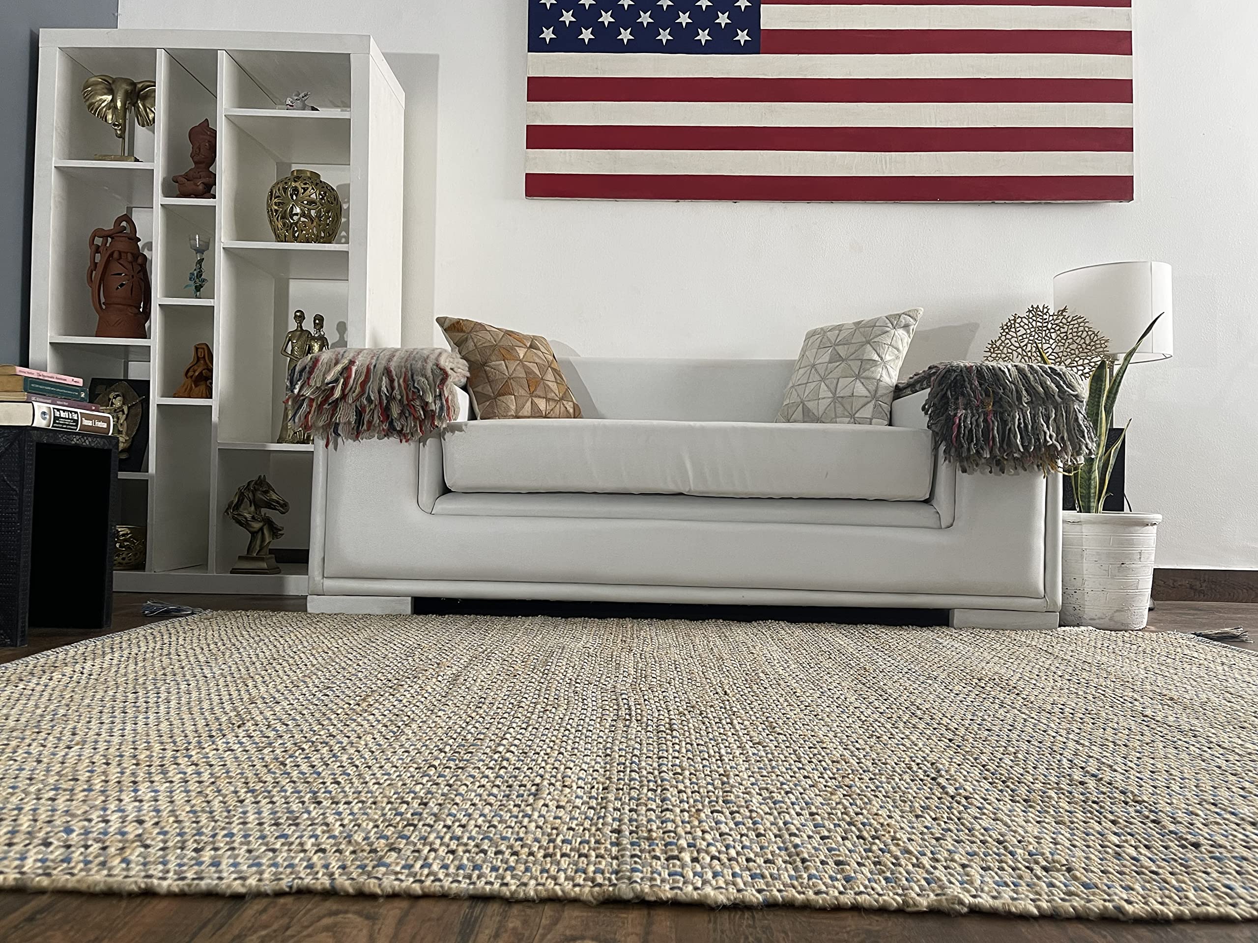 Handmade Manila Hemp & Cotton Natural Fiber Rug – Easy Maintenance, 8' x 10' Ocean Blue – Perfect for Living Room, Bedroom & Family Room Floors | Eco-Friendly Home Decor for Coastal & Boho Style Interiors