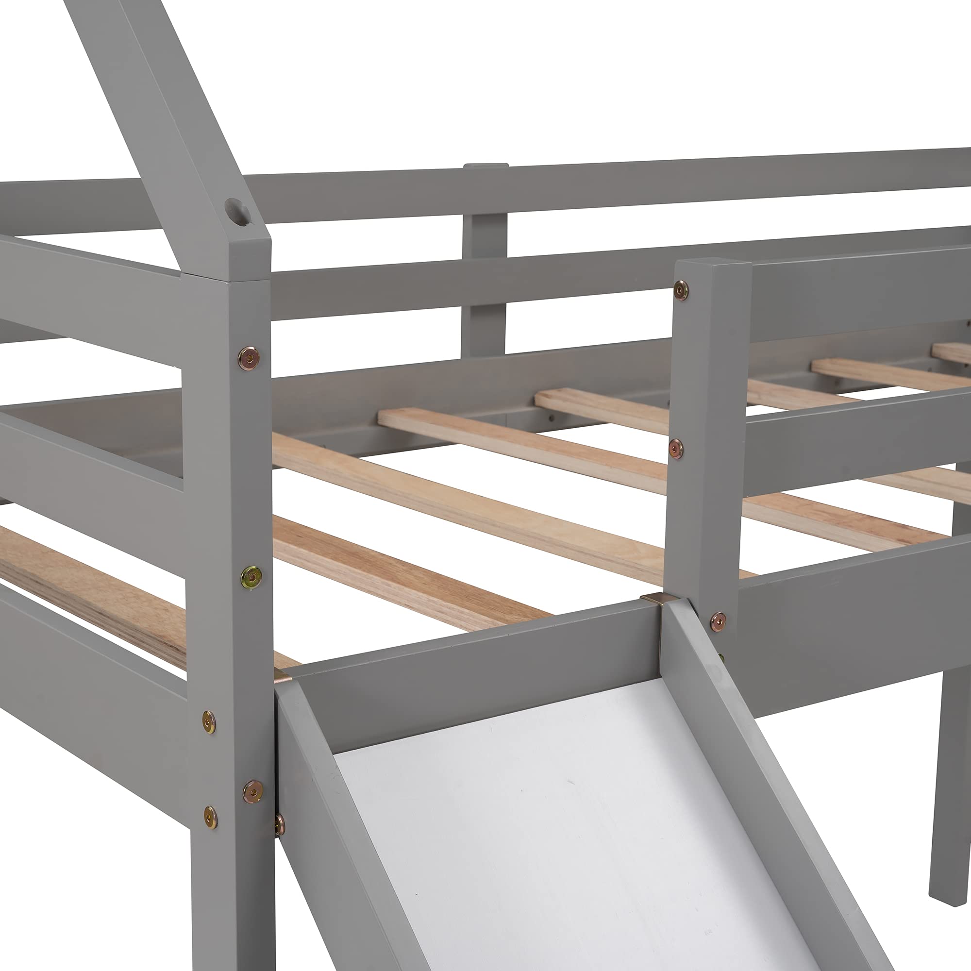 Twin Size Loft Bed with Slide - Kids House Bed with Roof & Ladder, Space-Saving Wooden Bed Frame, No Box Spring Needed (Gray) - Perfect for Small Bedrooms, Playrooms & Kids' Sleepovers