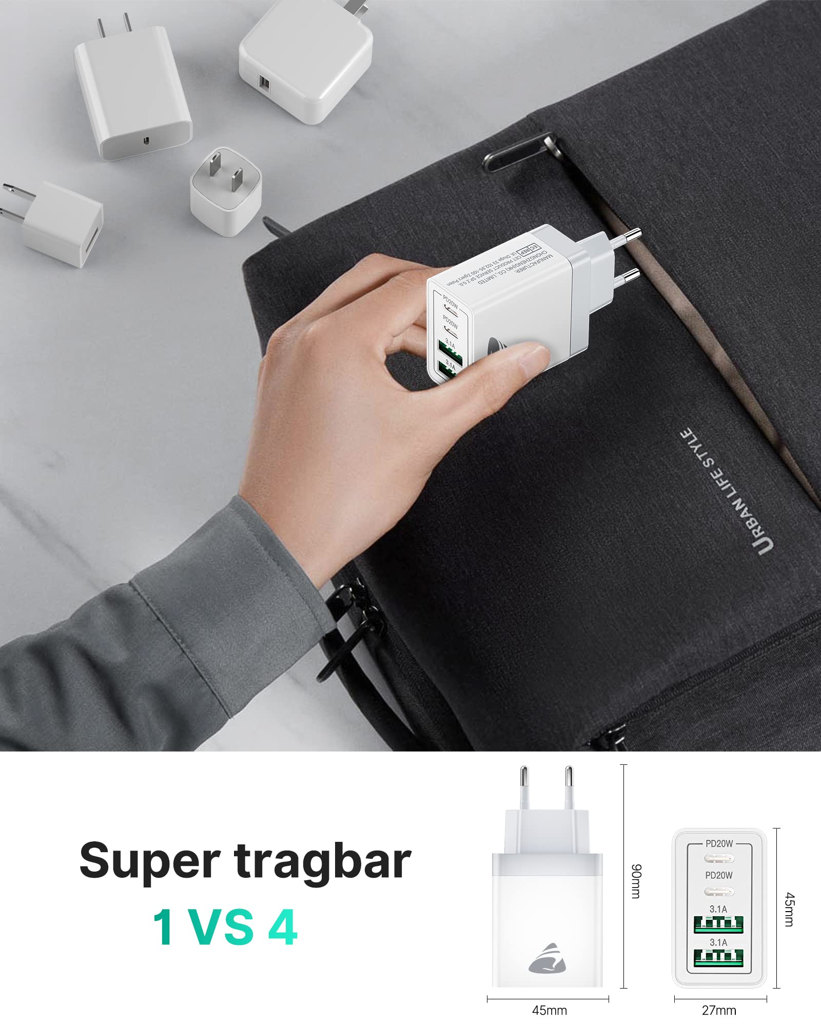 Aioneus 40W 4-Port USB C Fast Charger with PD 3.0 - Dual USB-C & USB-A Ports for iPhone 16/15/14 Pro Max/13/12/11/SE/XS/XR/8/7, Samsung Galaxy - Perfect for Home, Office & Travel Charging Multiple Devices Simultaneously