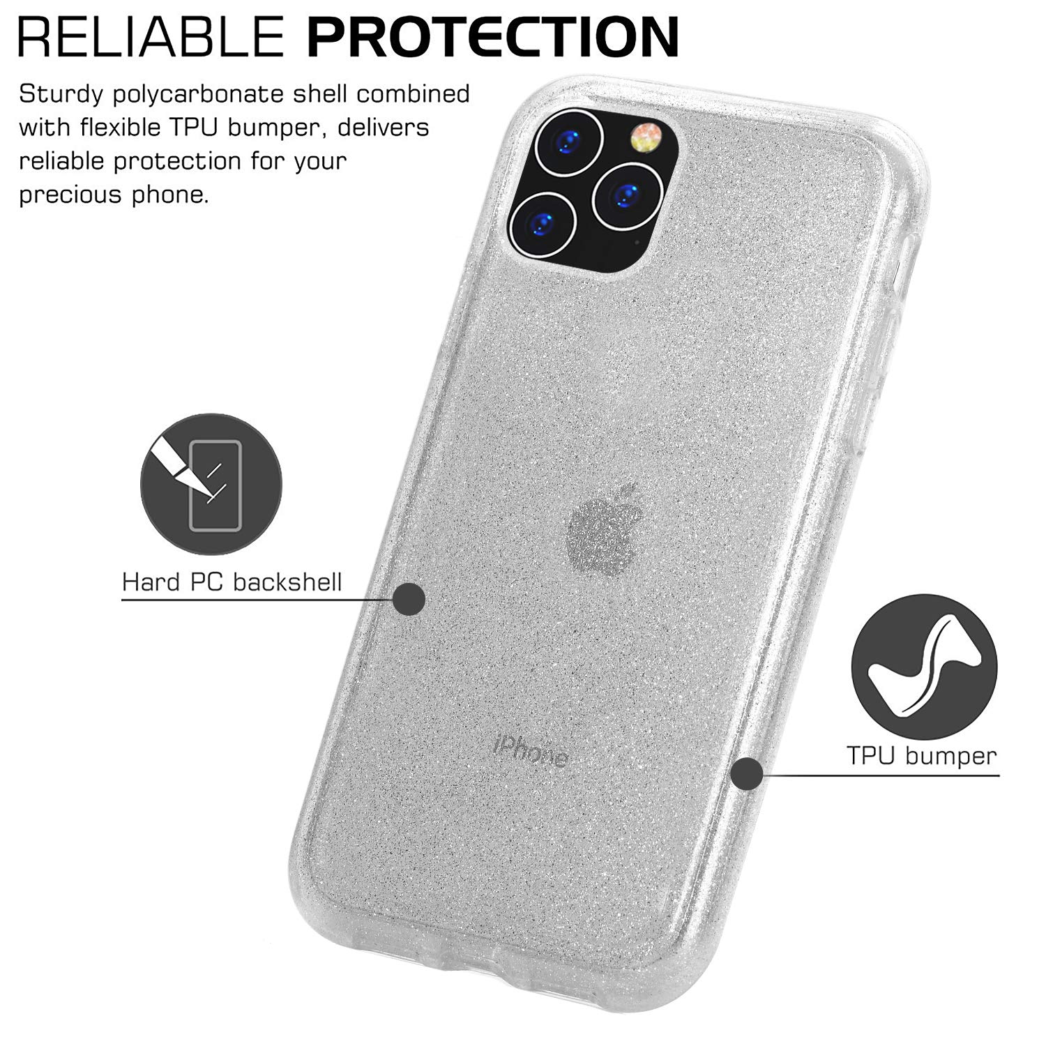BAISRKE Clear Glitter Protective Case for iPhone 11 Pro Max - Hybrid Hard Plastic & Soft TPU Shockproof Cover | Heavy Duty Armor Protection | High Impact Resistant | Perfect for Everyday Use, Travel & Outdoor Activities