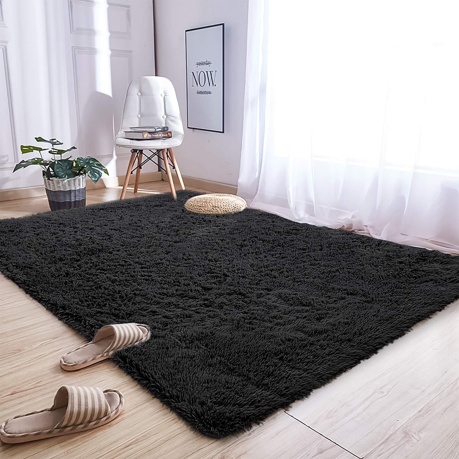 Andecor Soft Fluffy Shaggy Area Rug 8x10 Feet - Plush Bedroom Rug for Kids, Boys & Girls - Non-Slip Nursery, Dorm, Living Room Carpet - Cozy Home Decor Floor Mat (Black) - Perfect for Playrooms, Bedside & Lounge Areas