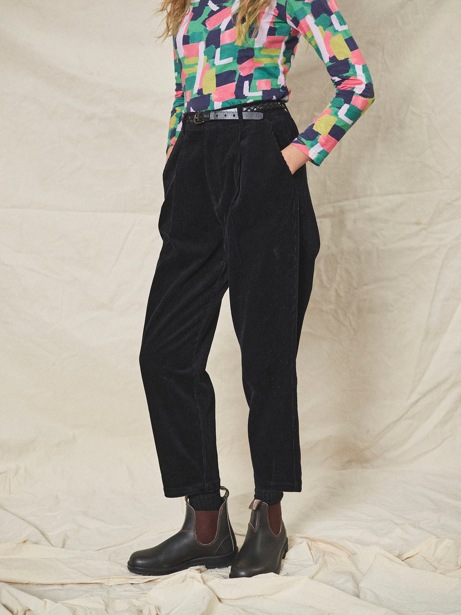 Lowie Black Corduroy Easy Trouser - Comfortable Stretch Pants for Women | Perfect for Casual Wear, Office & Travel