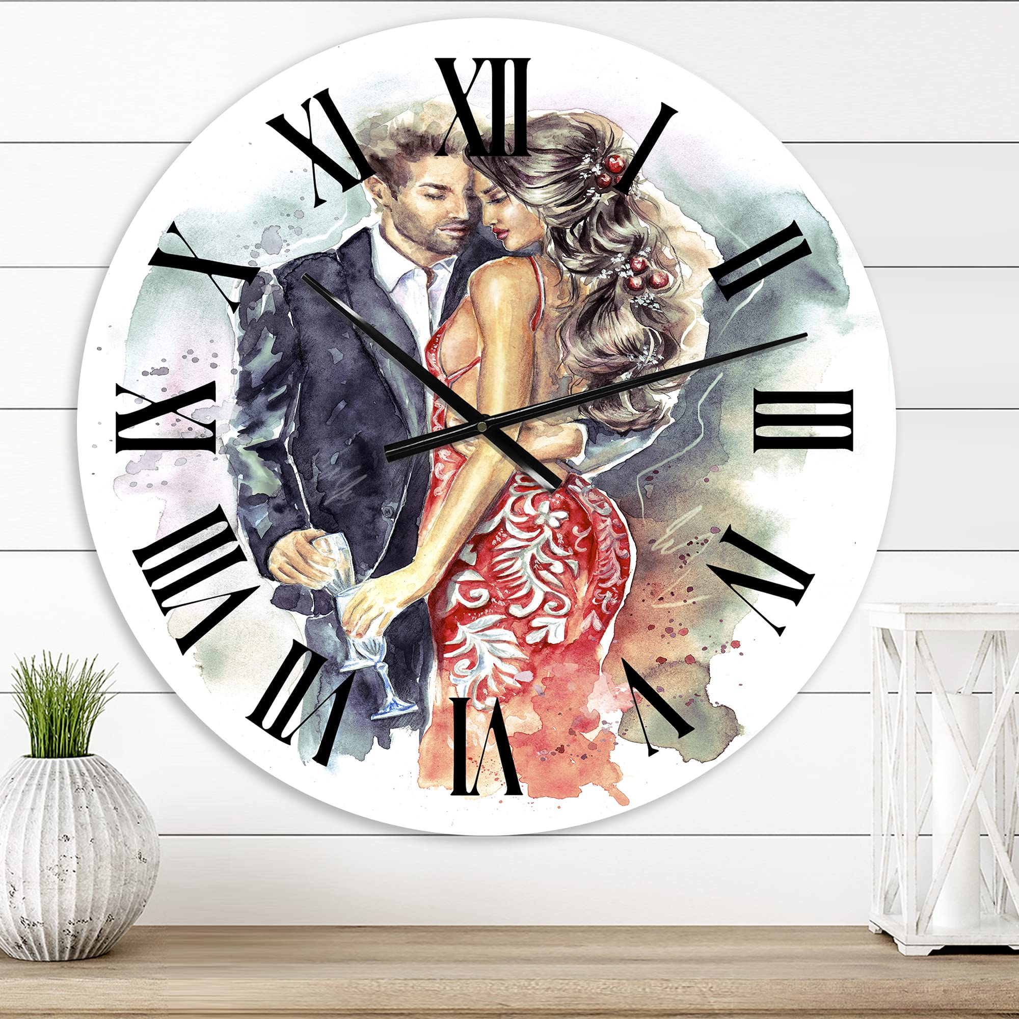 Vintage Romantic Couple Wall Clock with Champagne Glasses - Large Decorative Clock for Bedroom, Living Room & Office - Perfect New Year Gift & Home Decor