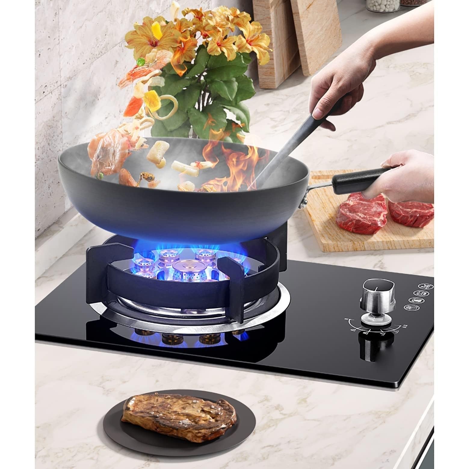 **5.2KW Gas Cooker - 9 Cavity Burner Camping Stove with Tempered Glass, Desktop & Recessed Installation for Kitchen, RV & Outdoor Cooking**