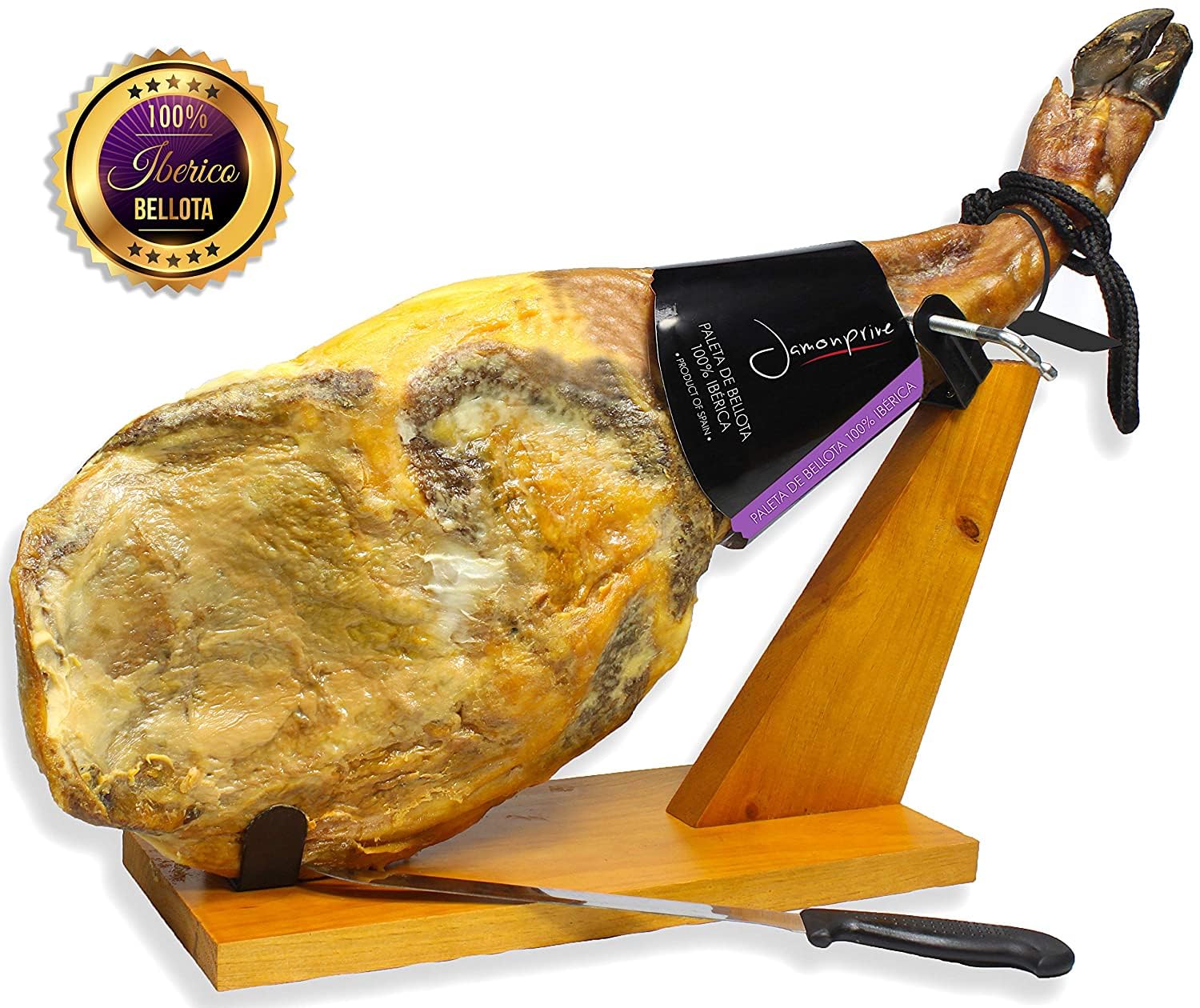 Premium Iberico Acorn-Fed Bellota Ham Shoulder Bone-In from Spain - 100% Pure Breed Pata Negra - Gluten Free (Includes Ham Stand & Knife) - Perfect for Charcuterie Boards, Gourmet Gifts & Spanish Cuisine