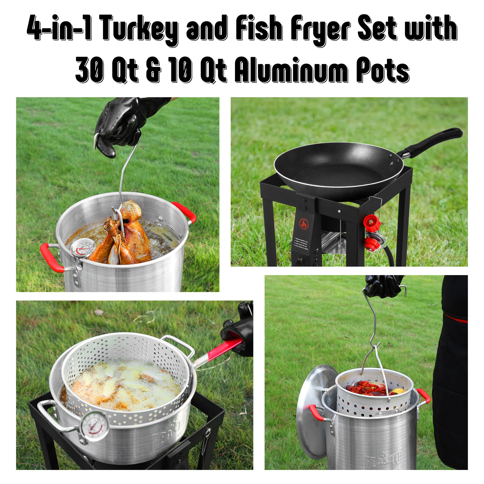 30 Qt Turkey Fryer Kit with Basket & 10QT Fish Fryer - 50,000 BTU Outdoor Propane Burner with Auto Ignition - CSA Certified for Safe Cooking - Perfect for Thanksgiving, Camping, Backyard BBQs & Outdoor Gatherings