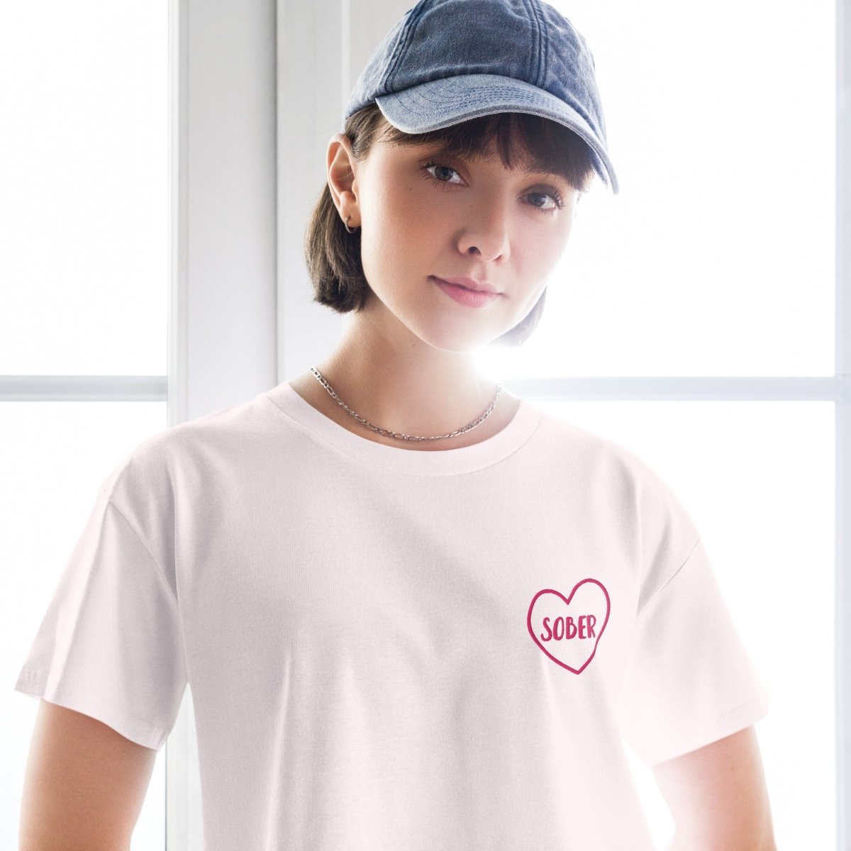 Sober in a Heart Embroidered Women's Crop Top - Stylish Casual Summer T-Shirt for Women, Perfect for Beach Outings, Music Festivals & Streetwear Fashion