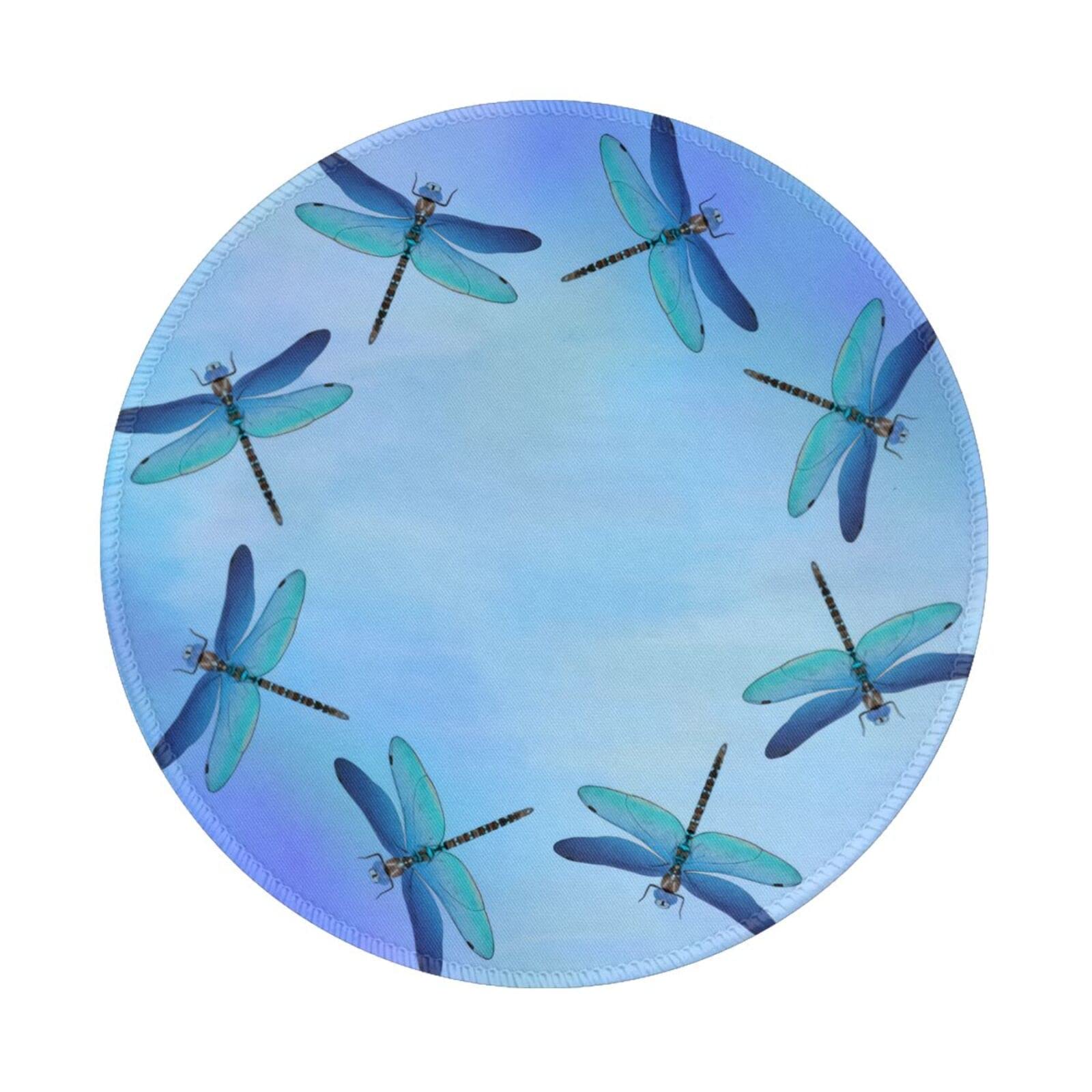 Blue Dragonfly Design Non-Slip Round Mouse Pad with Stitched Edge - Ergonomic Desk Mat for Office Work, Gaming & Computer Use