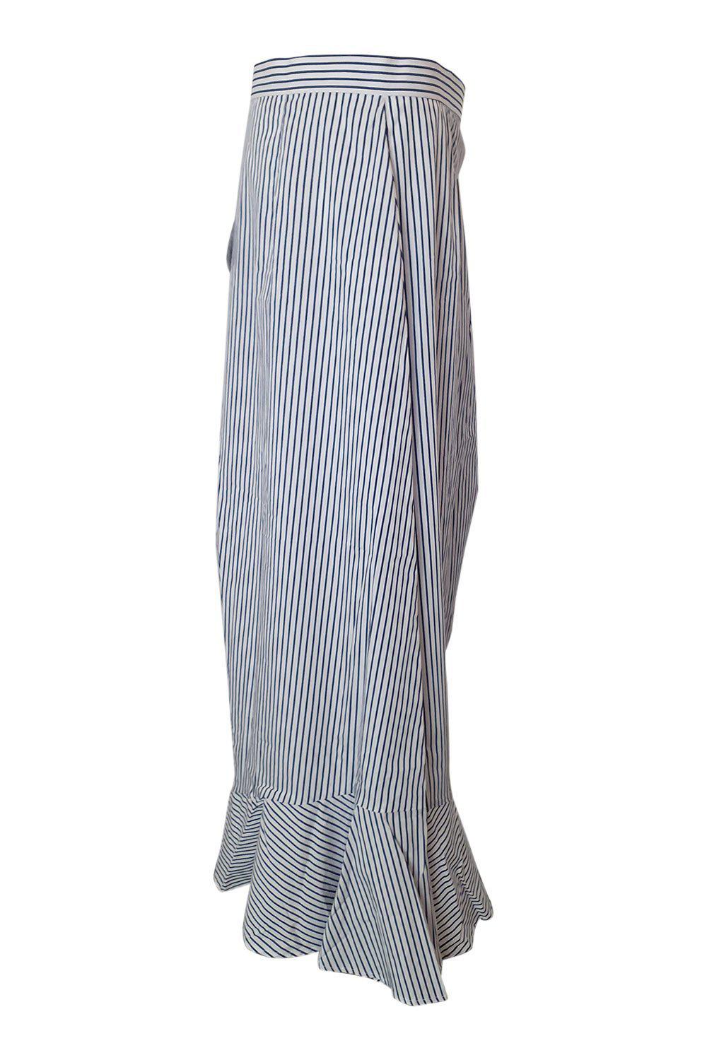 IRIS & INK Blue and White Striped Cotton Asymmetric Midi Skirt - Women's Size UK 14 (US 10) - Summer Beachwear, Casual Outfits, Office Wear