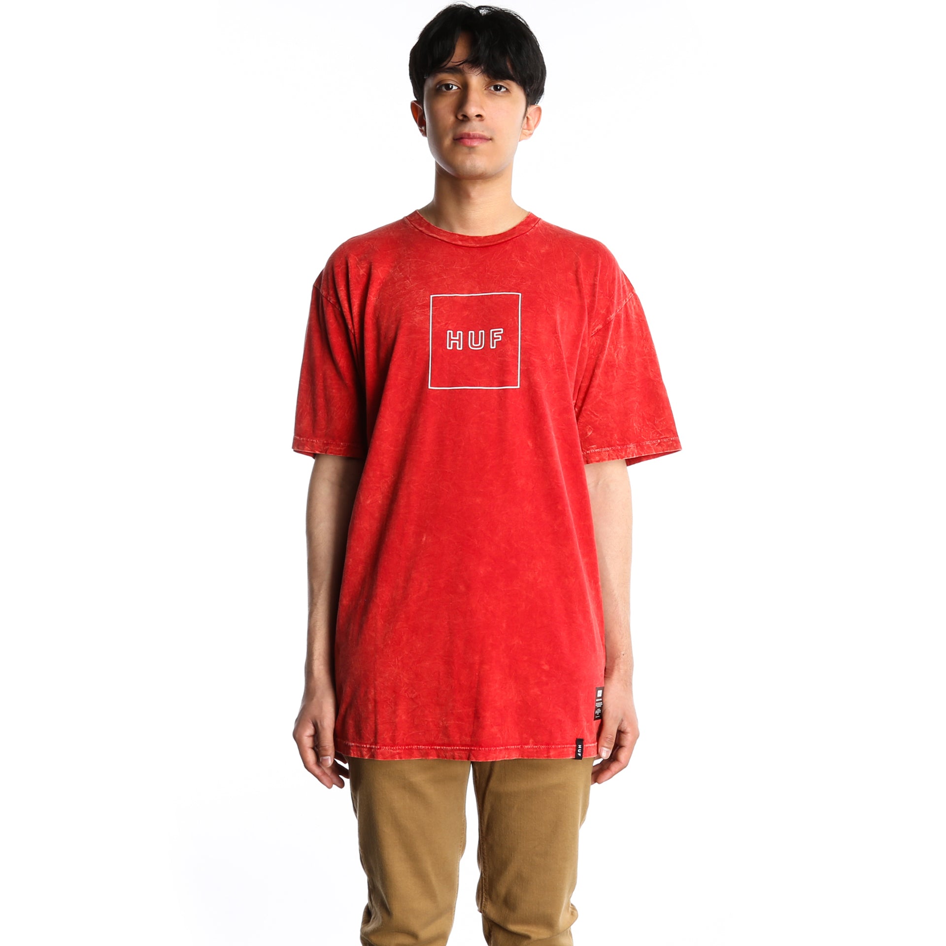 Huf Outline Box Logo Acid Wash T-Shirt - Red | Vintage Streetwear Style for Men & Women | Perfect for Casual Wear, Skateboarding & Urban Fashion