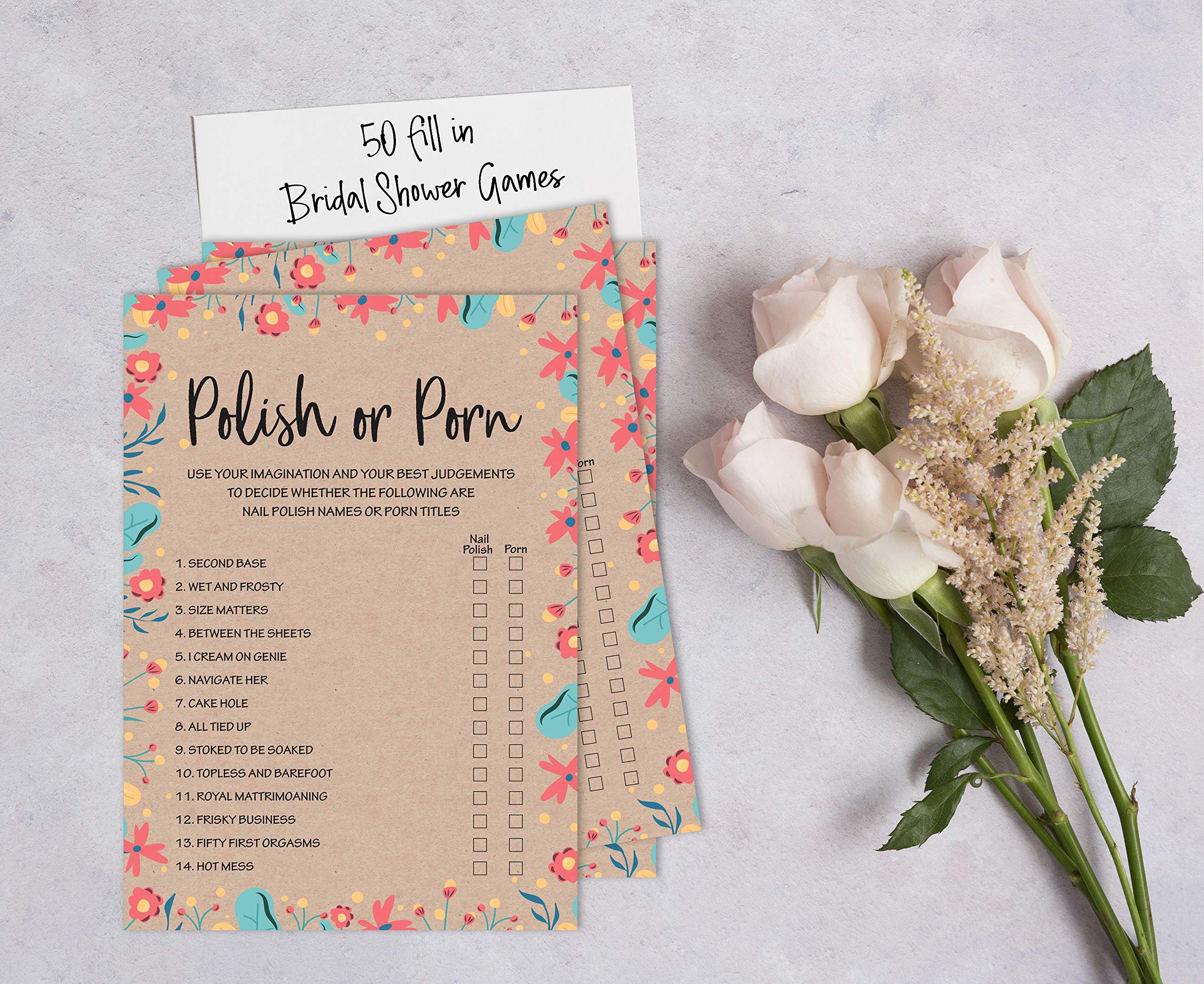 50-Pack Rustic Kraft Floral Bachelorette Party Cards - Bridal Shower Games, Polish or Porn Game Set for Wedding Celebrations & Girls' Night Activities