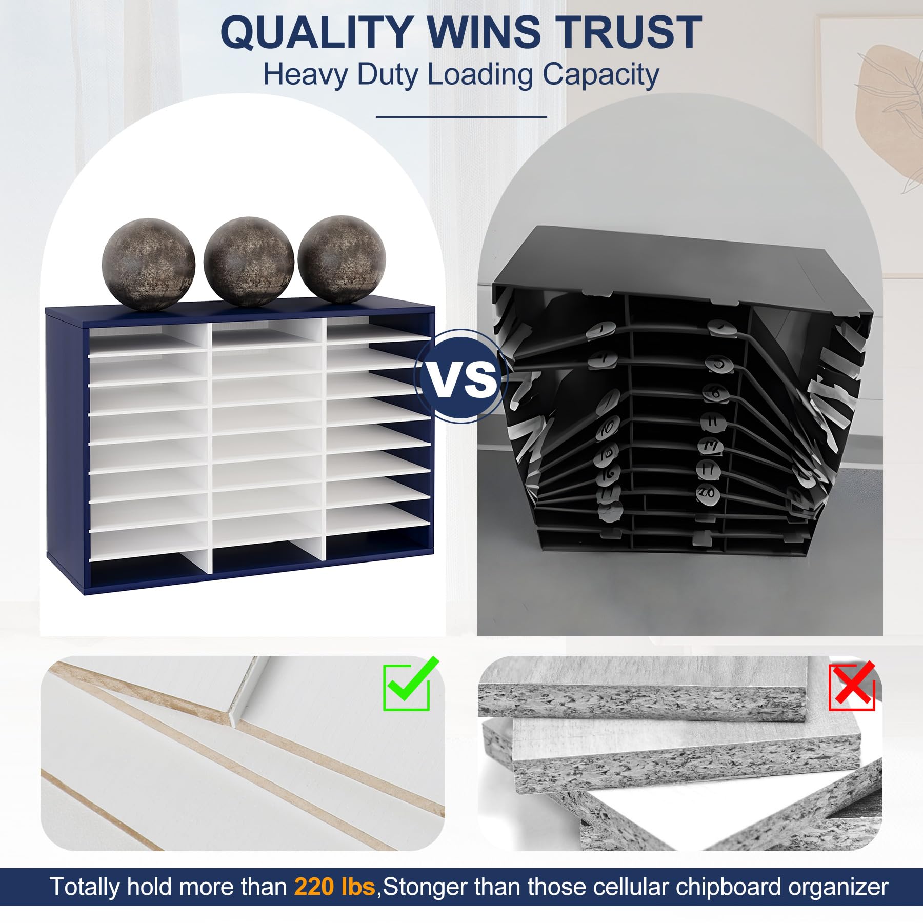 TQVAI 27-Slot Wooden Mail Sorter Organizer for Home & Office - Navy Blue/White Desktop File Holder, Paper Tray, Classroom Mailbox - Perfect for Office Organization, Teacher Supplies, and Home Mail Management