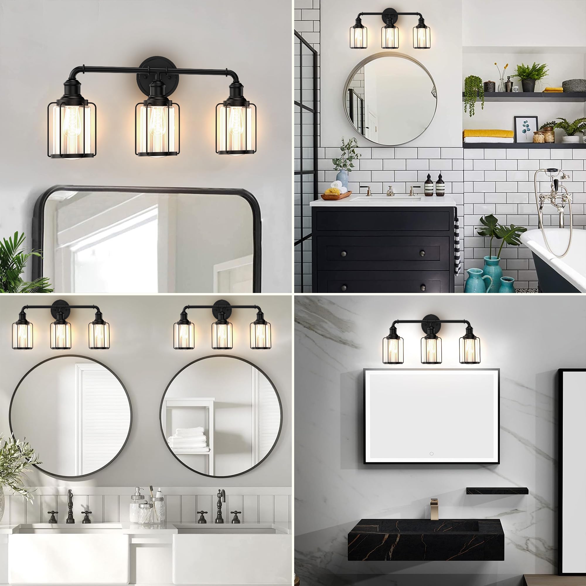 LED Vanity Light - 3-Light Matte Black Bathroom Mirror Lamp for Living Room & Bedroom