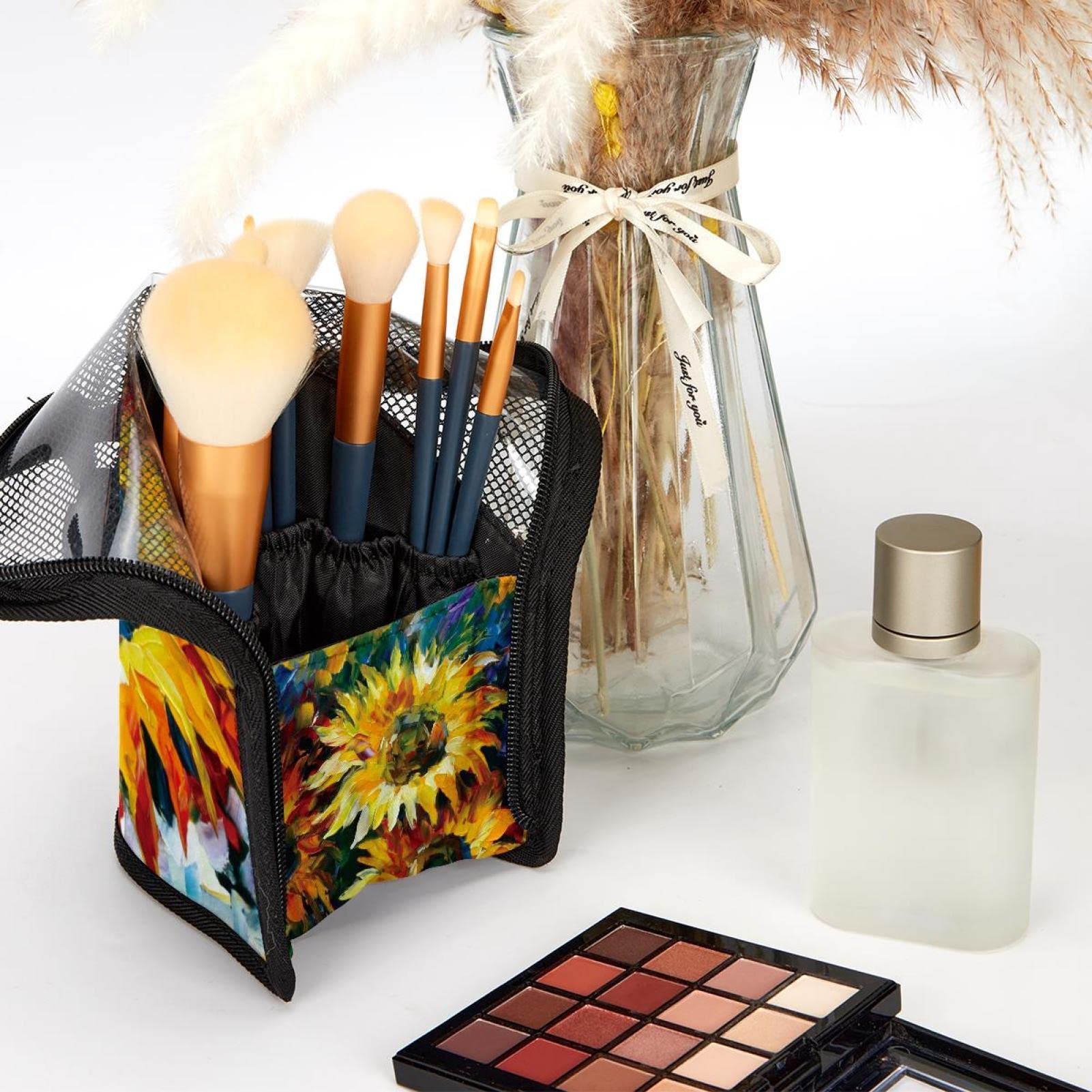 12-Piece Makeup Brush Organizer Bag with Oil Painting Sunflowers Design - Portable Cosmetic Brush Holder Case for Travel, Home & Professional Makeup Artists