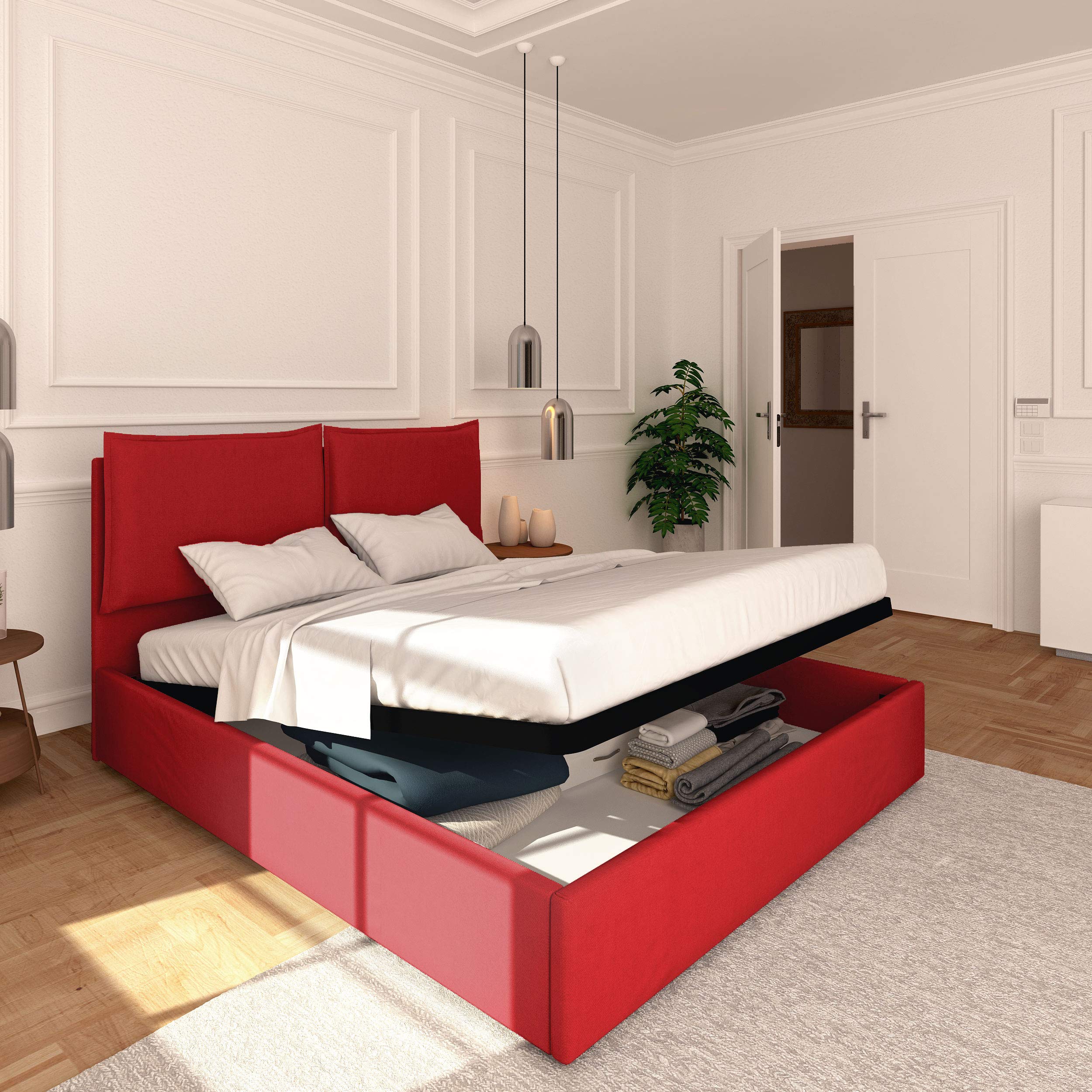 Baldiflex Licia Queen Size Storage Bed Frame with Upholstered Headboard - Synthetic Leather, Slatted Base for 160x200cm Mattress, Red - Perfect for Modern Bedrooms & Guest Rooms