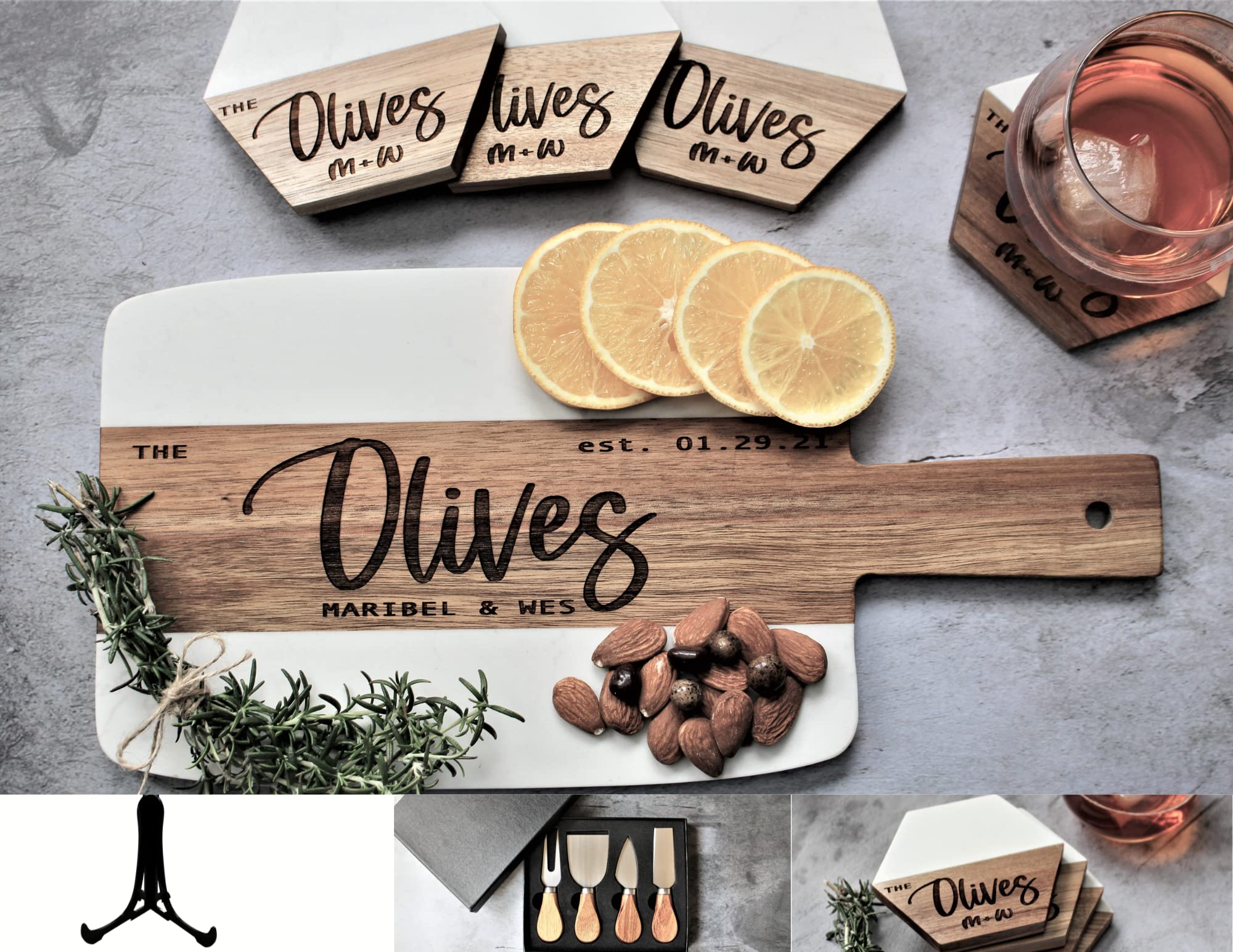 Personalized Marble and Wood Cutting Board Set with Coasters - Custom Engraved Charcuterie Board for Kitchen, Entertaining - Perfect Christmas, Anniversary, Wedding, Bridal Shower, Engagement & Housewarming Gift Idea for Food Lovers