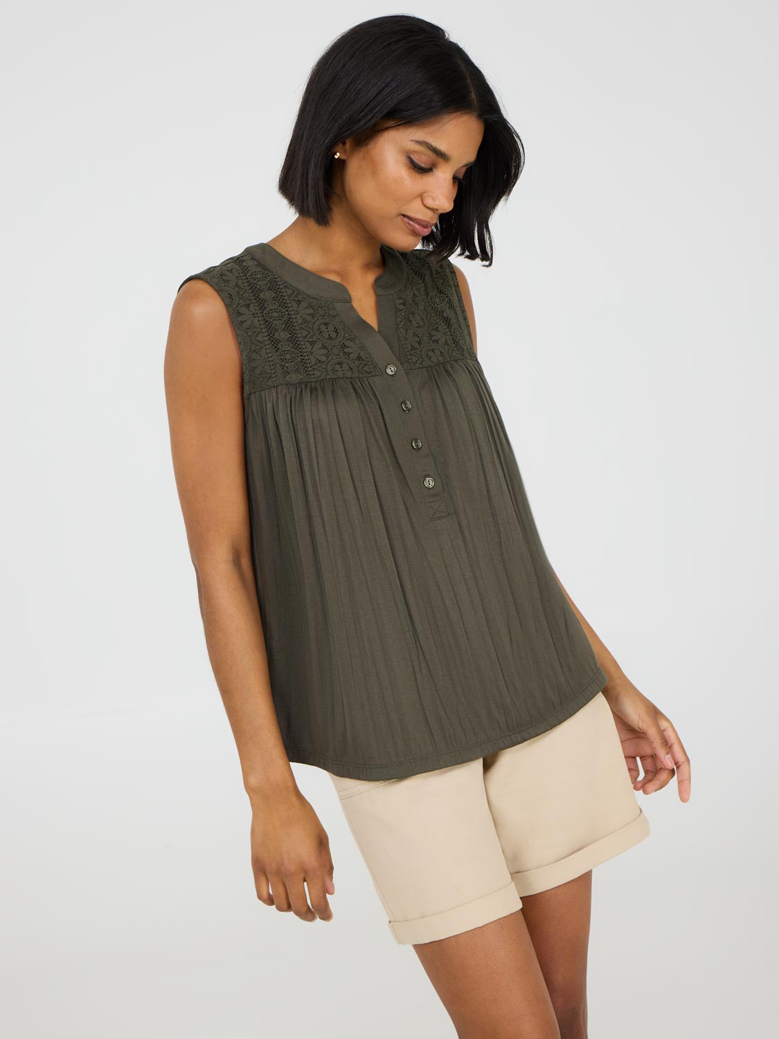 Women's Sleeveless Henley Top with Lace Trim - Casual Summer Tops for Beach, Vacation & Everyday Wear