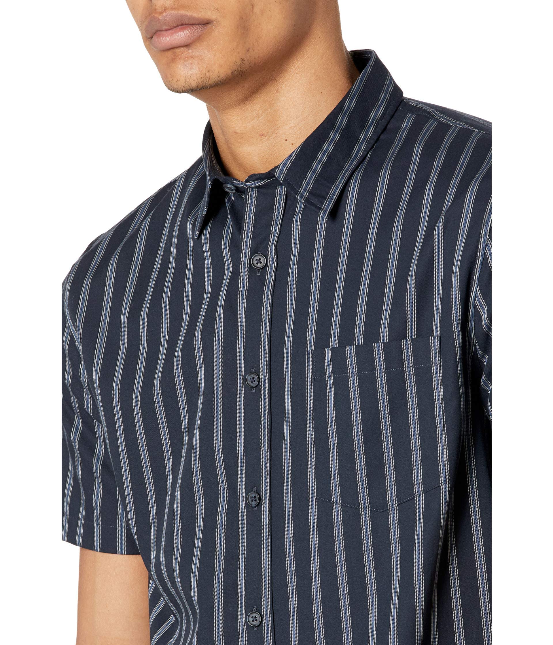 Vince Men's Variegated Bar Stripe Short Sleeve Shirt - Casual Summer Button Down Top for Work, Travel & Outdoor Activities