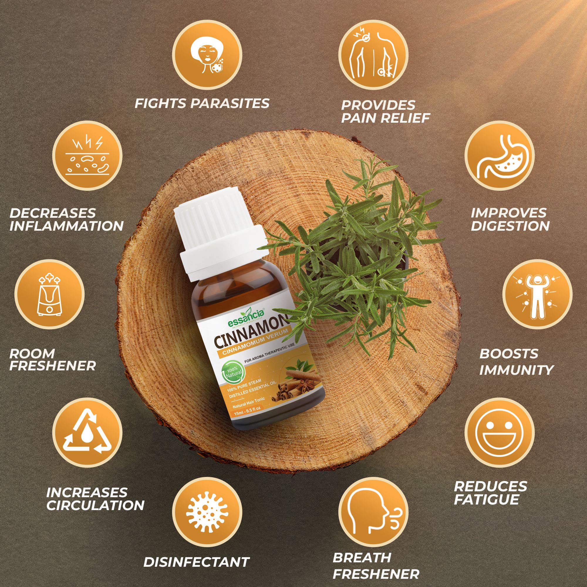 Essencia 100% Pure Cinnamon Essential Oil - 15ml Undiluted Therapeutic Grade for Hair Growth, Skin Care, Massage, Aromatherapy Diffuser | Natural Remedy for Relaxation & Wellness