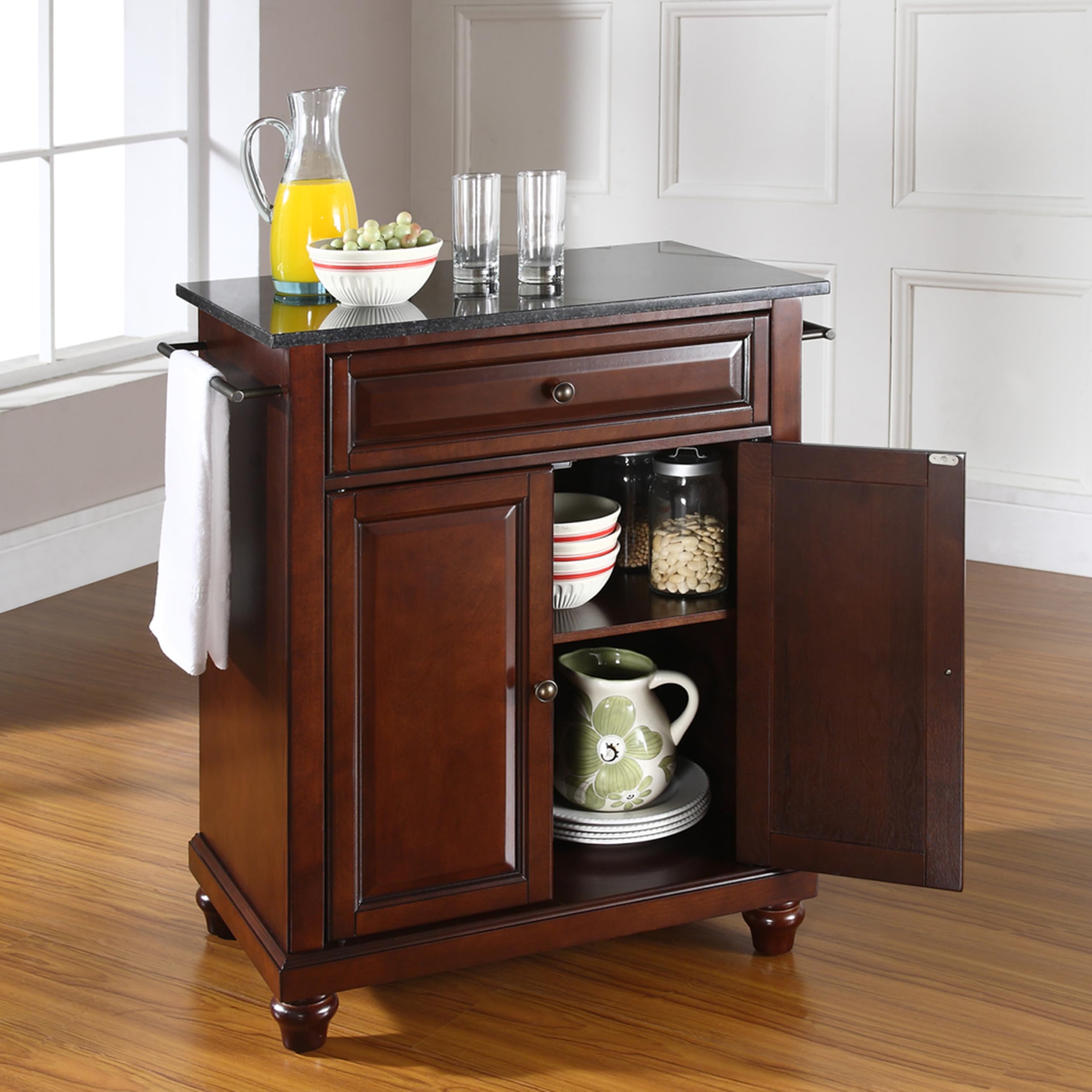 Crosley Cambridge Granite Top Portable Kitchen Island Cart with Wheels - Microwave Stand, Storage Cabinet, Mahogany Finish for Small Spaces - Perfect for Apartments, Dorms & Compact Kitchens