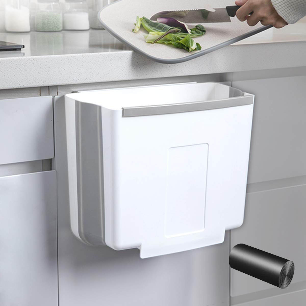 AYADA Collapsible Hanging Trash Can - 2.9 Gallon Foldable Plastic Waste Bin with Garbage Bag for Kitchen, RV, Cabinet Door & Counter - Space-Saving Solution for Small Spaces & Easy Disposal