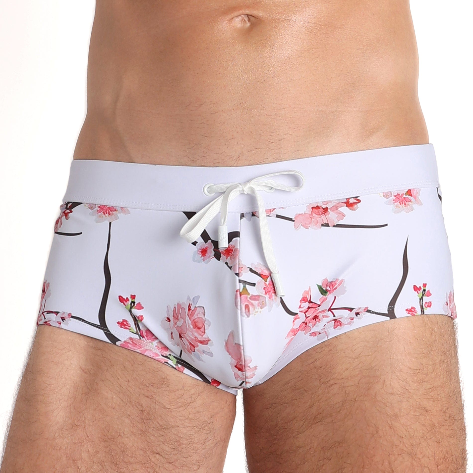 **Men's Cherry Blossom Print White Swim Trunks - Quick Dry Beach Shorts for Swimming, Surfing & Summer Vacations**