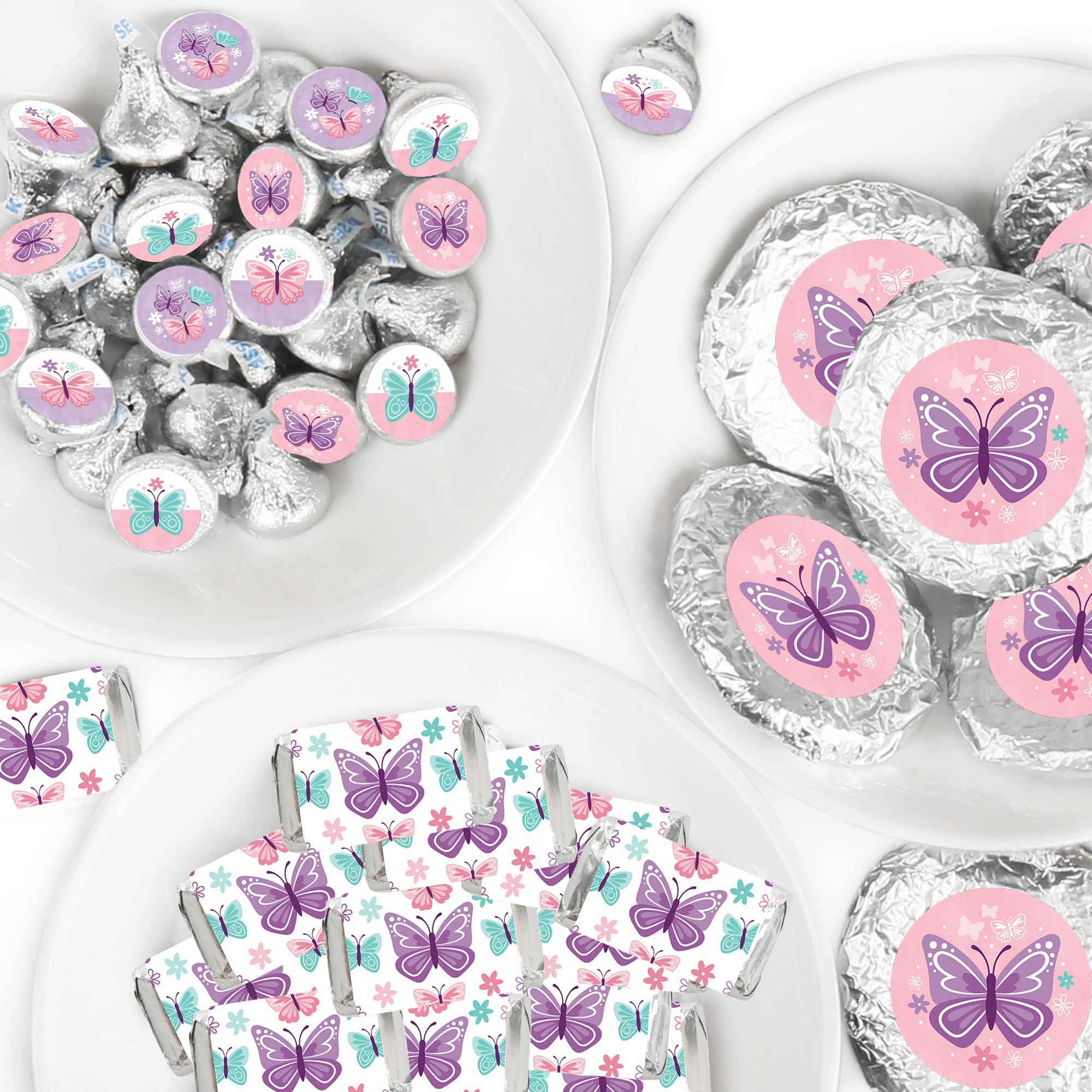 Beautiful Butterfly Mini Candy Bar Wrappers & Circle Stickers - 304-Piece Floral Baby Shower Birthday Favor Kit - Perfect for Party Decorations, Wedding Favors, and DIY Craft Projects