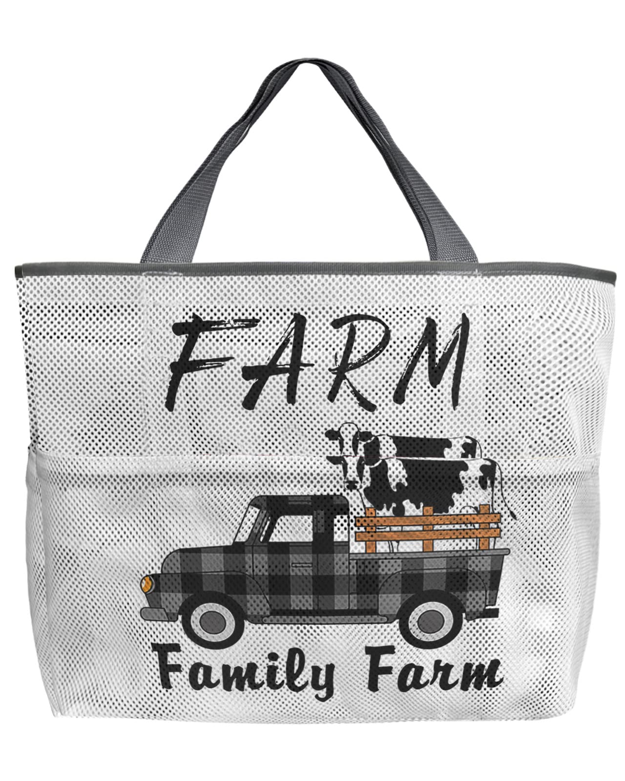 60L Oversized Mesh Beach Tote Bag with Pockets - Farmhouse Cow Print & Buffalo Check Plaid - Foldable Lightweight Swim Bag for Pool, Grocery Shopping & Storage (24