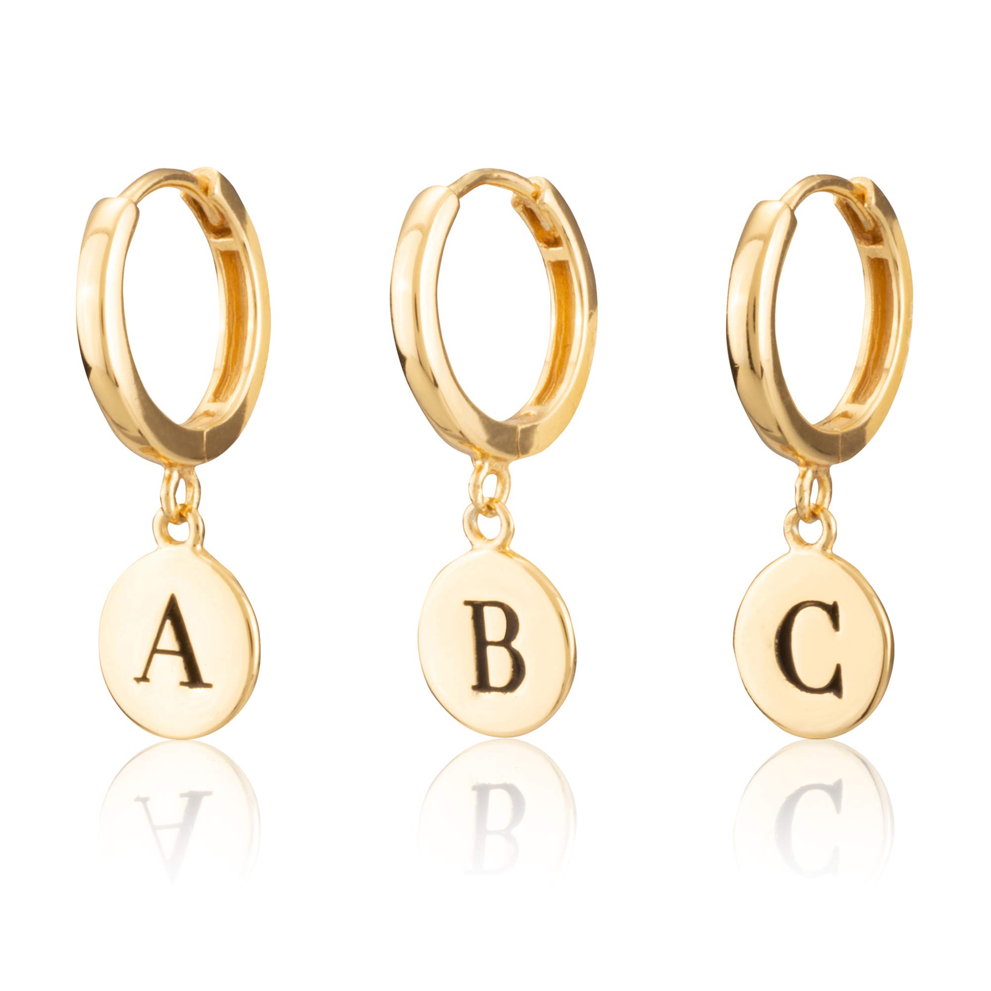 18K Yellow Gold Plated Sterling Silver Initial Engraved Women's Huggie Earrings – Half Pair – Perfect for Gifts, Parties & Everyday Wear