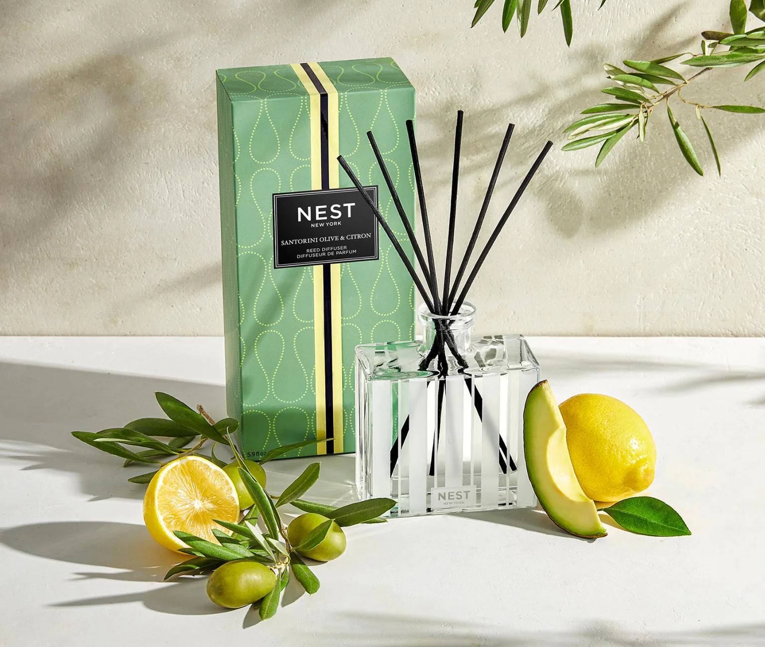 Nest Santorini Olive & Citron Reed Diffuser - 200ml Home Fragrance Oil Set with Natural Rattan Reeds | Perfect for Living Room, Bedroom & Bathroom Aromatherapy